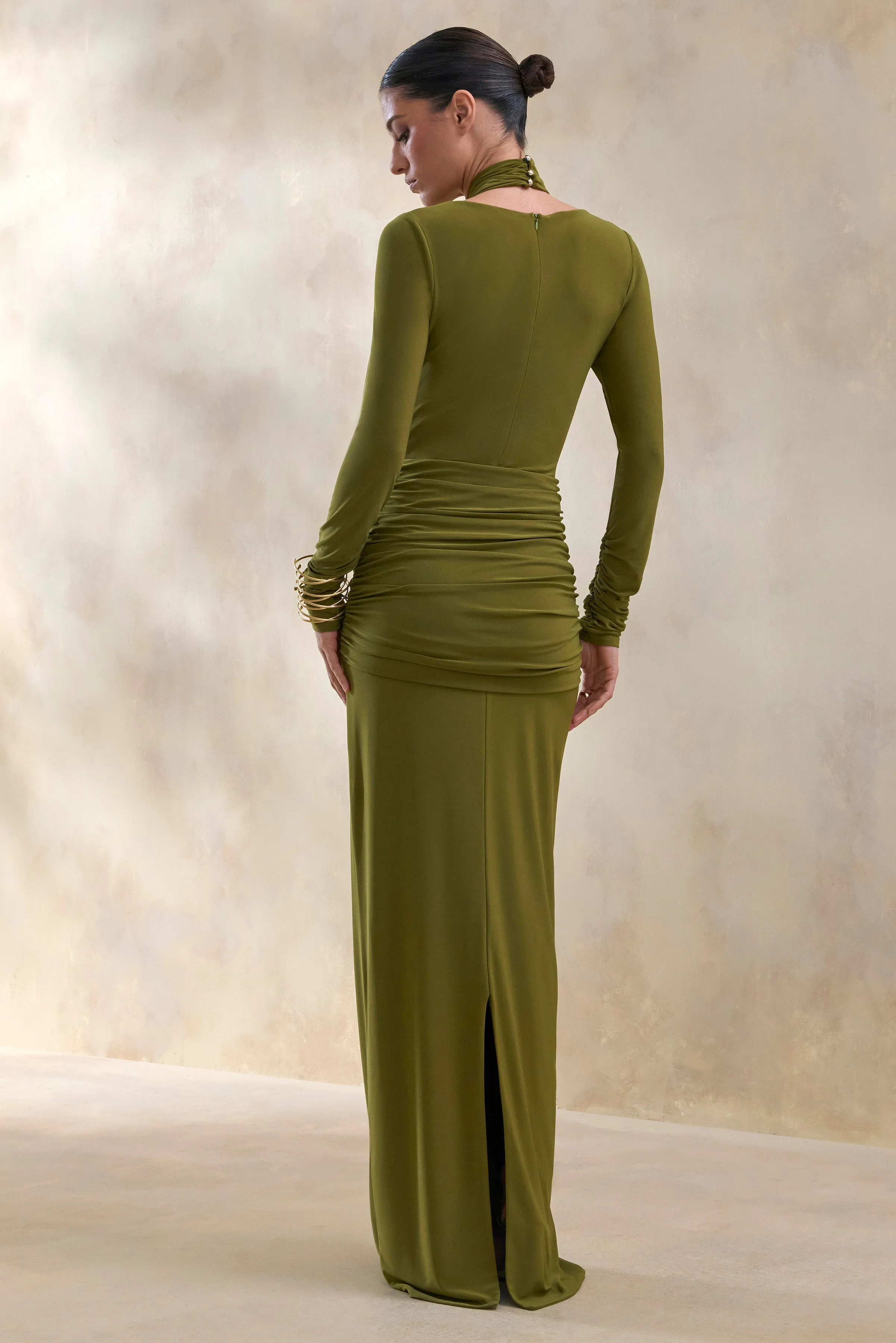 Linessa | Olive High-Neck Maxi Dress With Sash And Gathered-Detailing sold by Club L London product image thumbnail 2