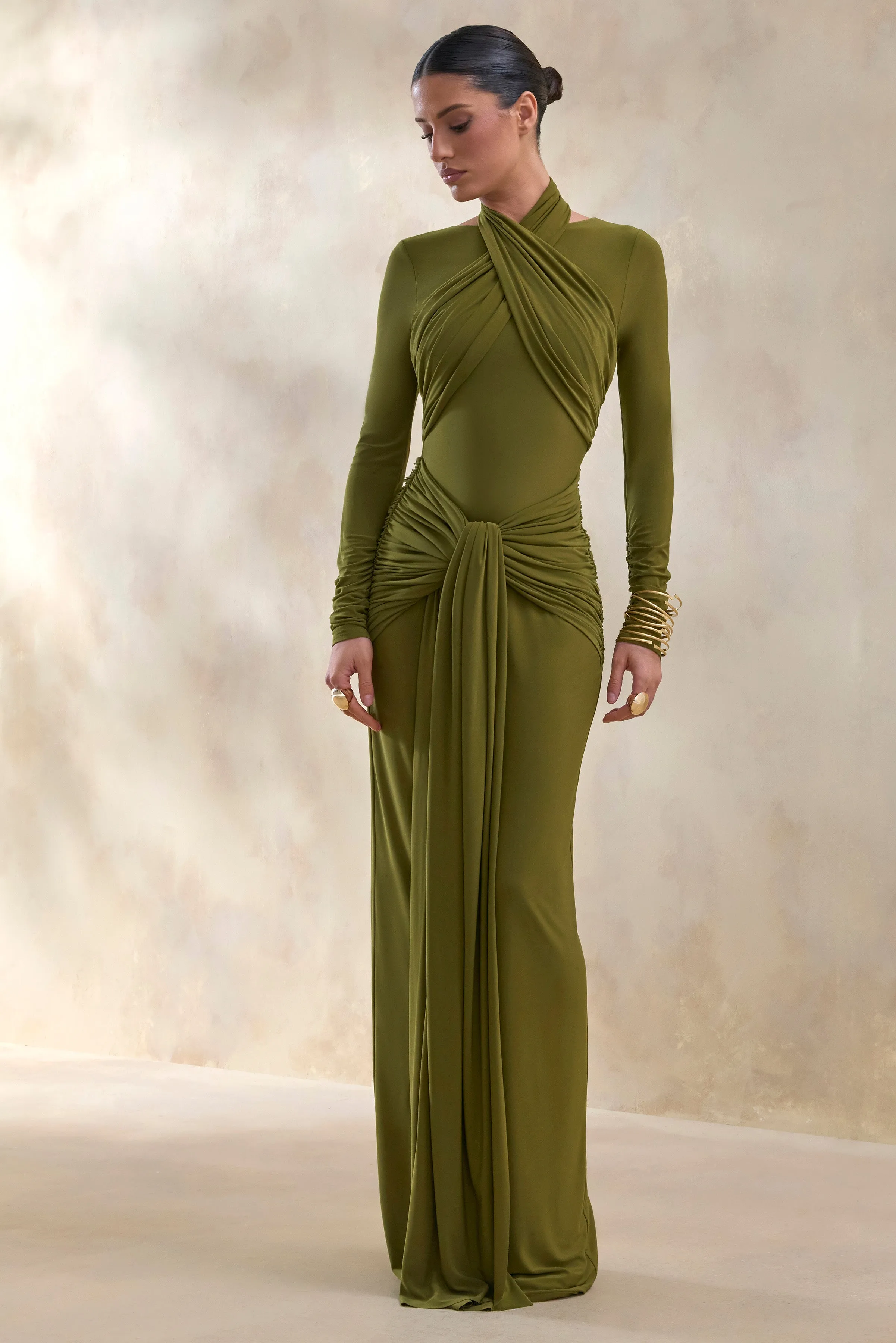 Linessa | Olive High-Neck Maxi Dress With Sash And Gathered-Detailing sold by Club L London product image thumbnail 3