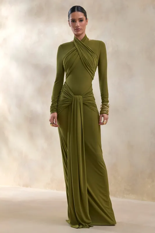 Linessa | Olive High-Neck Maxi Dress With Sash And Gathered-Detailing sold by Club L London