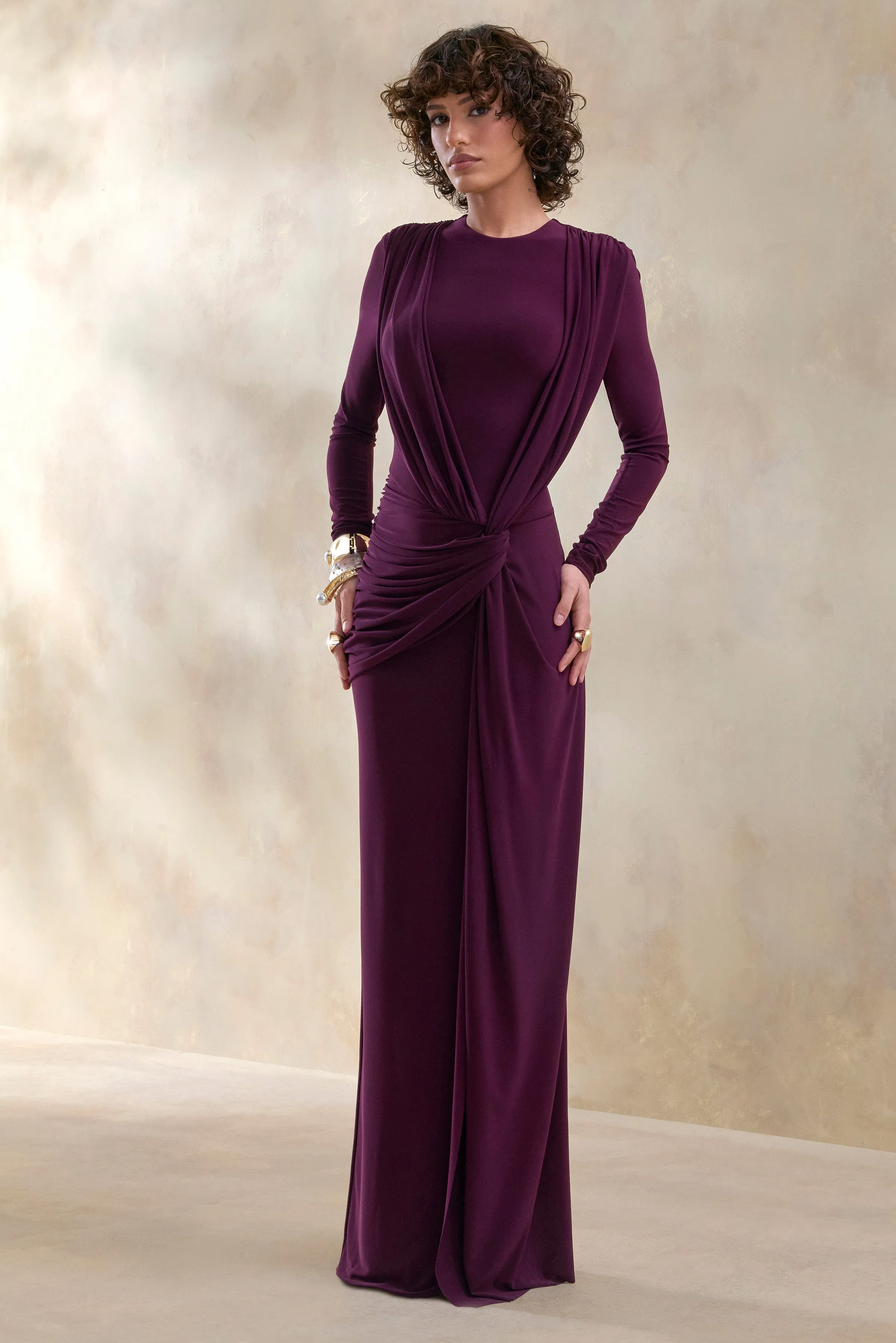 Desirelle | Plum Crew-Neck Maxi Dress With Gathered-Detailing sold by Club L London product image thumbnail 4