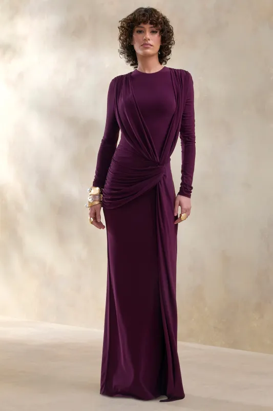 Desirelle | Plum Crew-Neck Maxi Dress With Gathered-Detailing sold by Club L London