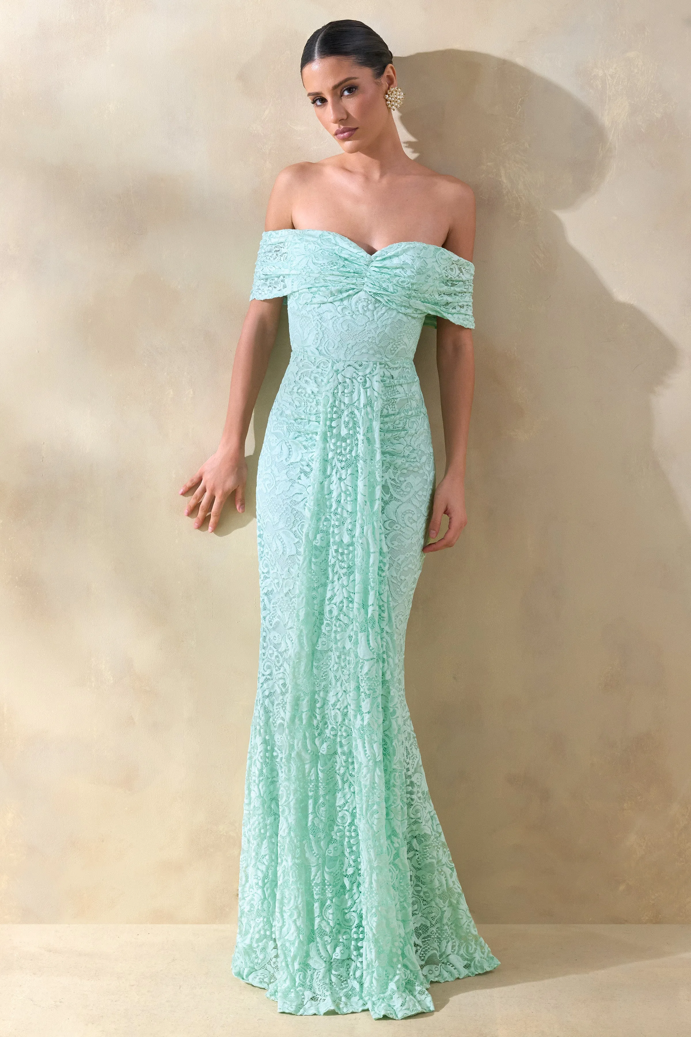 Aries | Mint Lace Bardot-Neck Maxi Dress With Gathered Detailing sold by Club L London