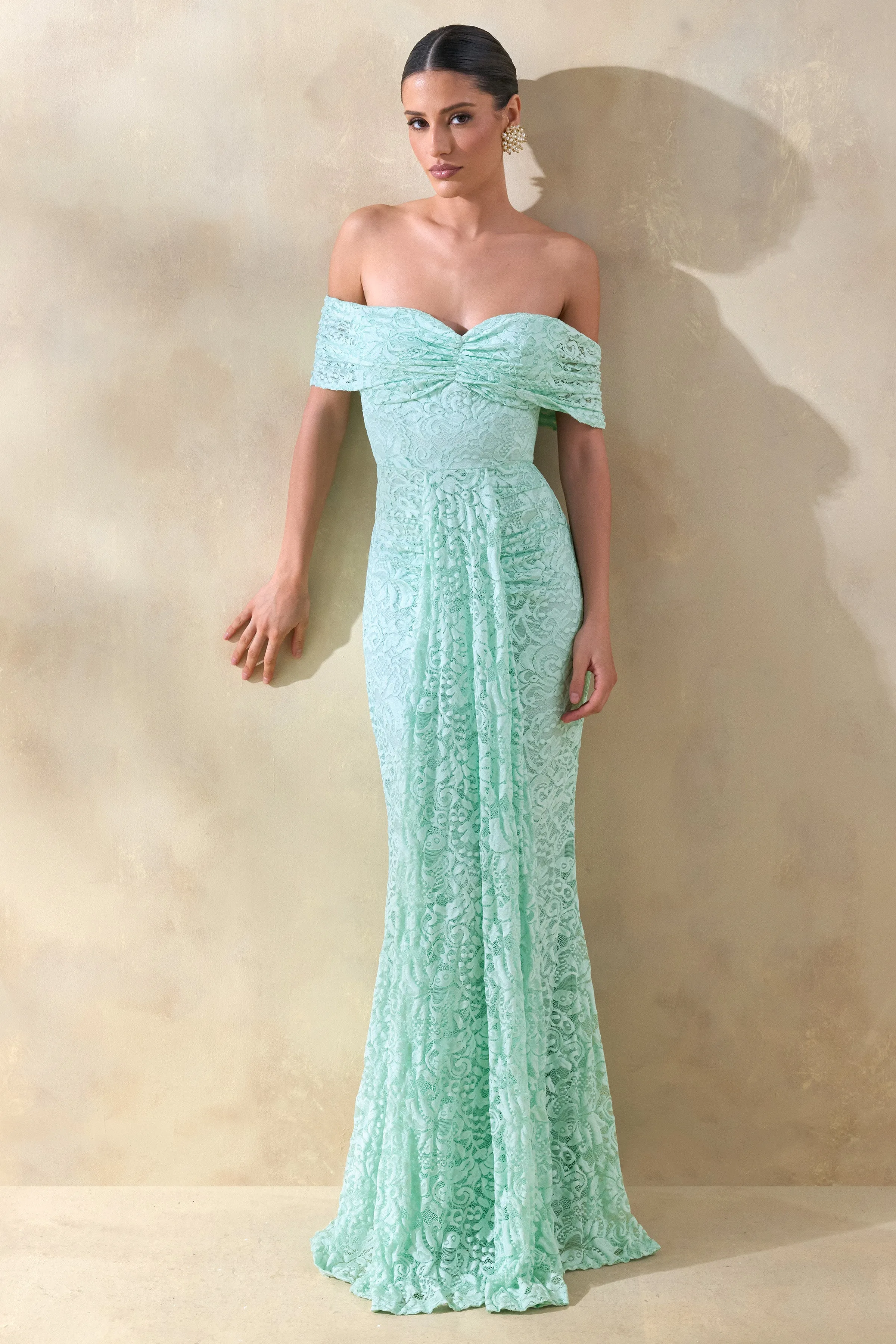 Aries | Mint Lace Bardot-Neck Maxi Dress With Gathered Detailing sold by Club L London product image thumbnail 5