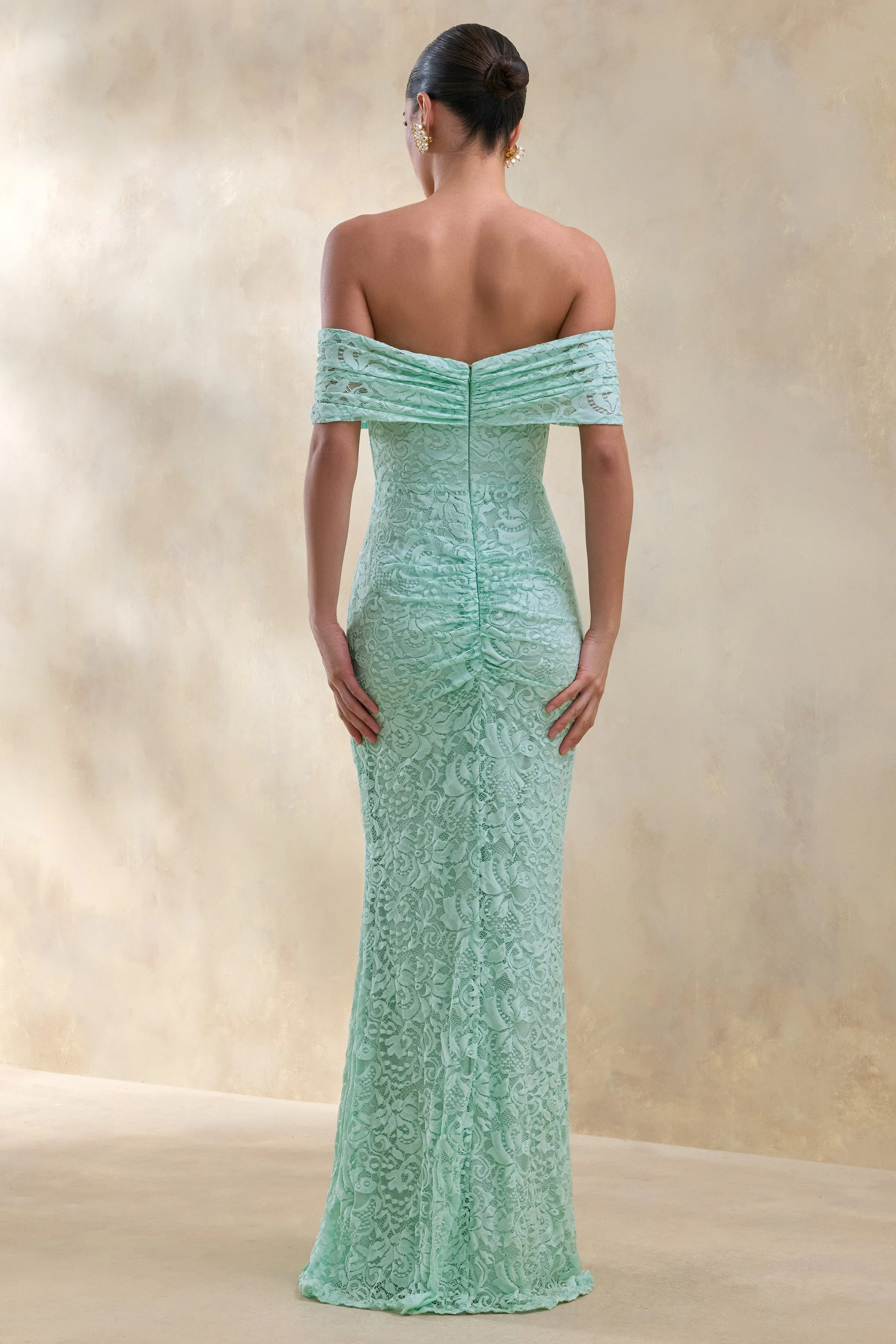 Aries | Mint Lace Bardot-Neck Maxi Dress With Gathered Detailing sold by Club L London product image thumbnail 2