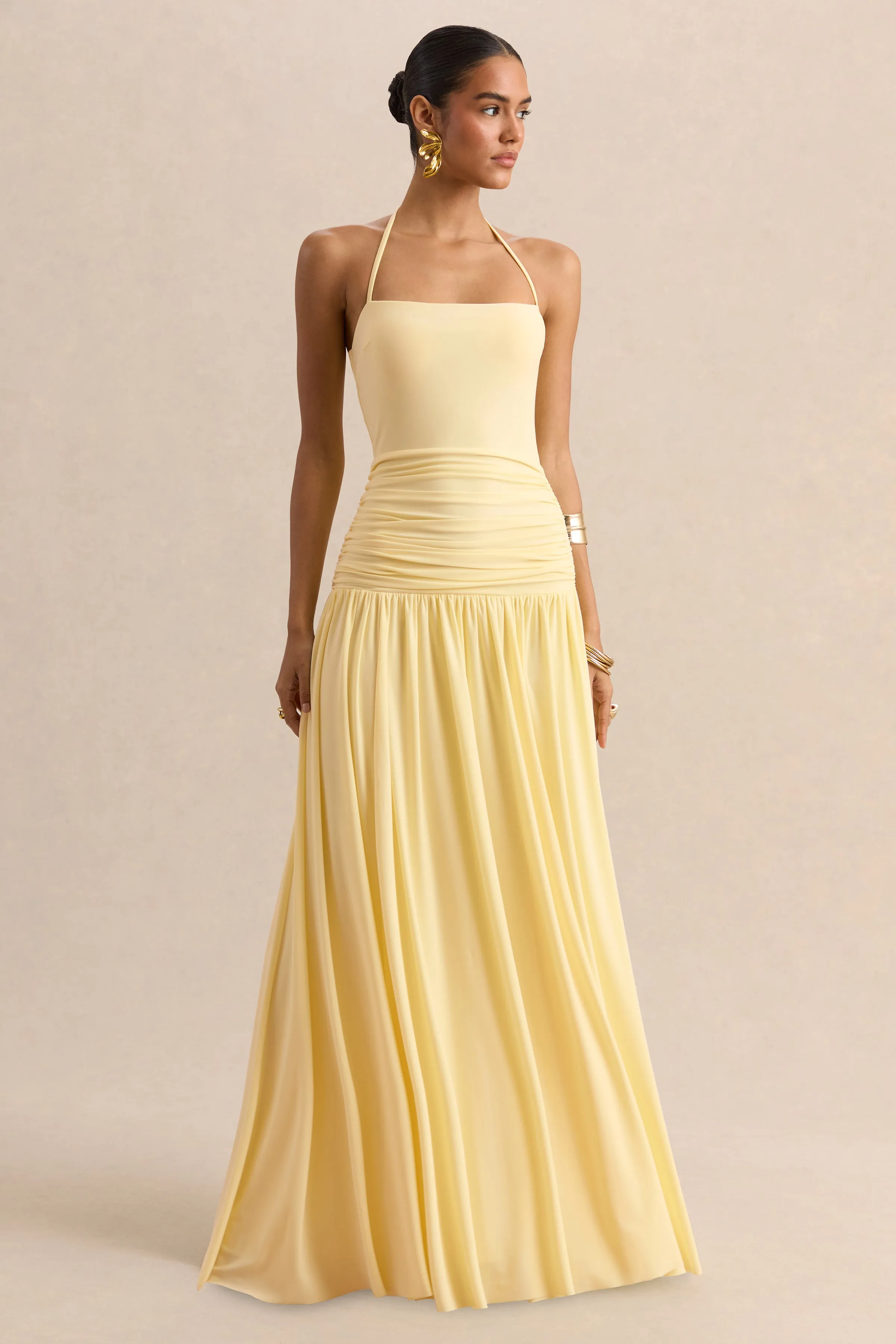 Nicolette | Lemon Square-Neck Maxi Dress With Ruched-Detailing sold by Club L London