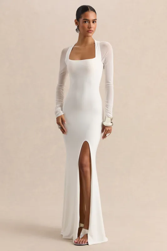 Fleurisia | White Square-Neck Maxi Dress With Mesh Long-Sleeves made by Club L London