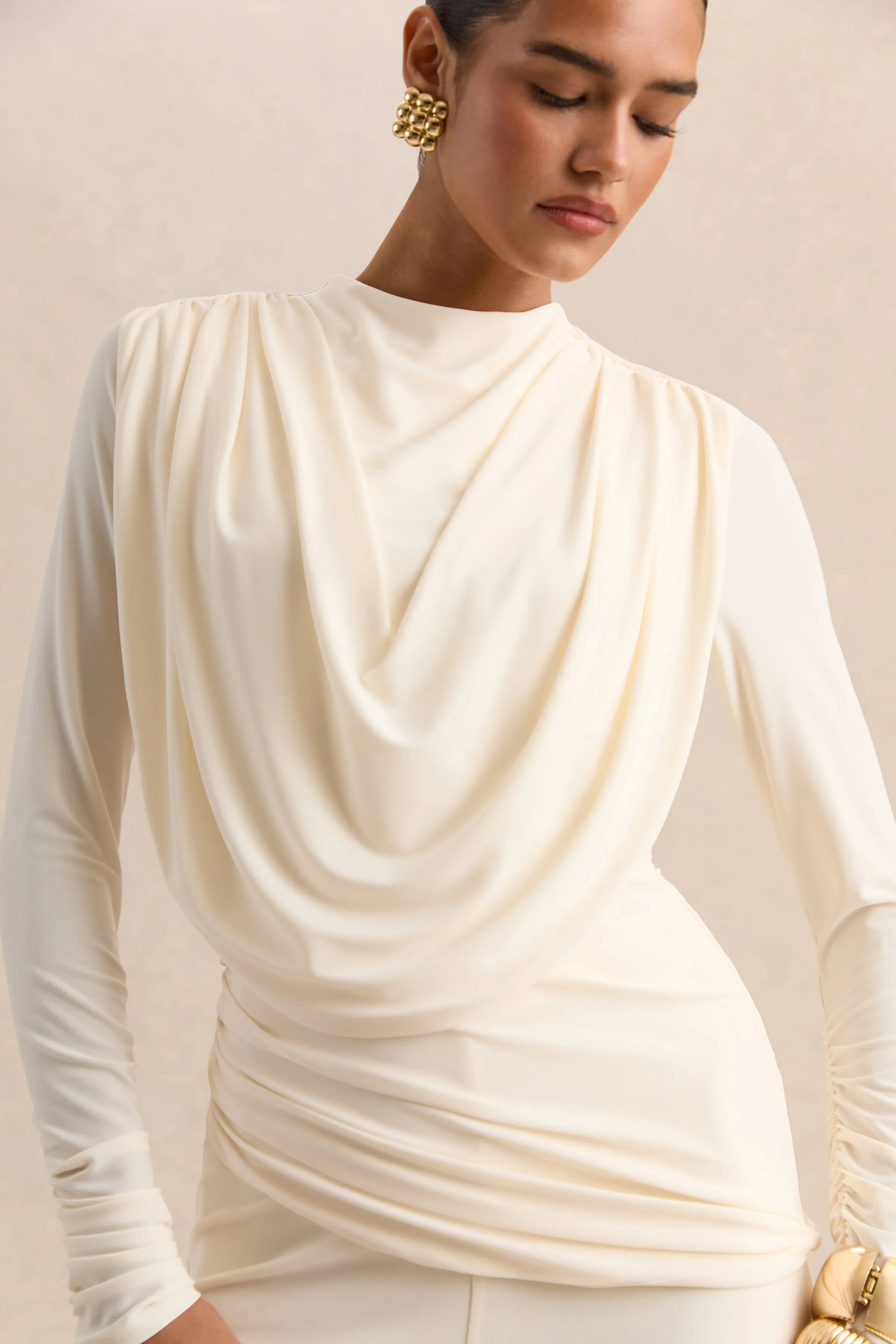 Raniella | White High-Neck Top With Gathered And Draped-Detailing sold by Club L London product image thumbnail 3