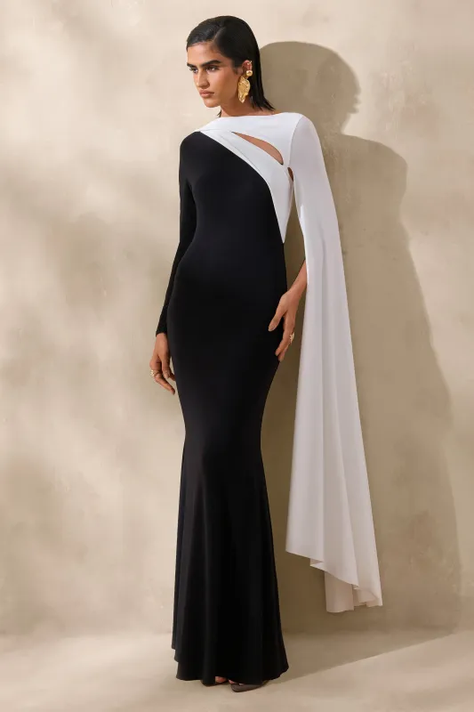 Dabria | Black And White Asymmetric-Neck Maxi Dress With Cape-Sleeve made by Club L London