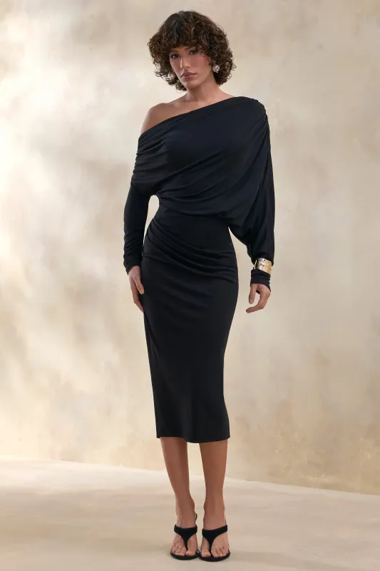 Dalissa | Black Asymmetric-Neck Midi Dress With Draped-Detailing sold by Club L London