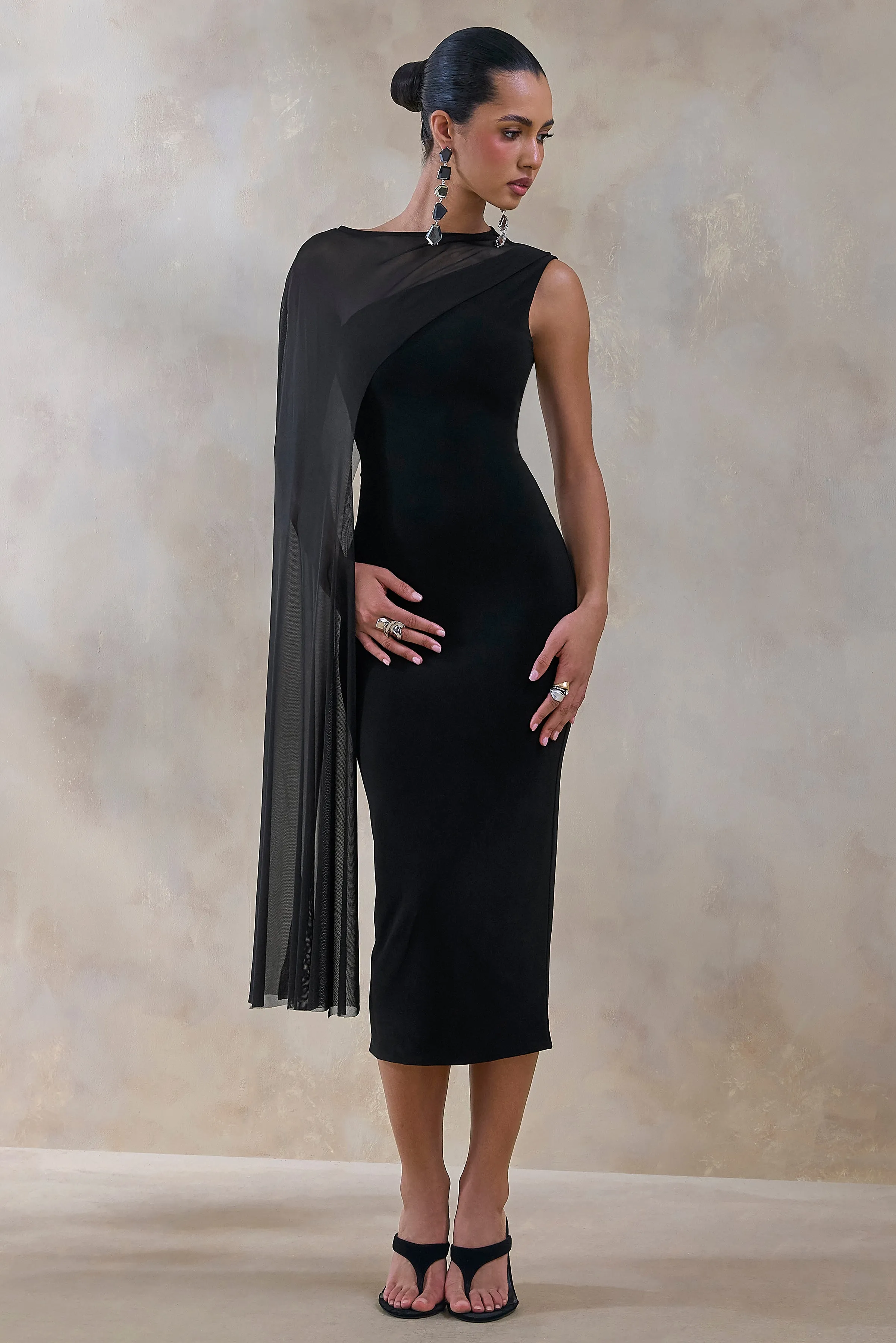 Caloria | Black Asymmetric-Neck Midi Dress With Mesh-Cape sold by Club L London product image thumbnail 5
