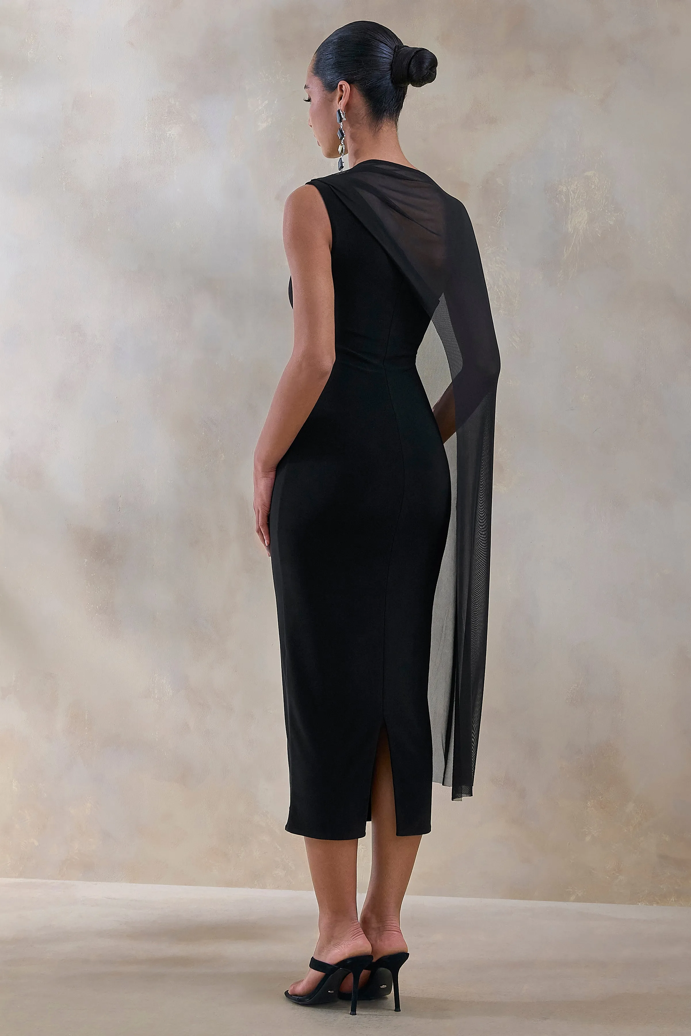 Caloria | Black Asymmetric-Neck Midi Dress With Mesh-Cape sold by Club L London product image thumbnail 2