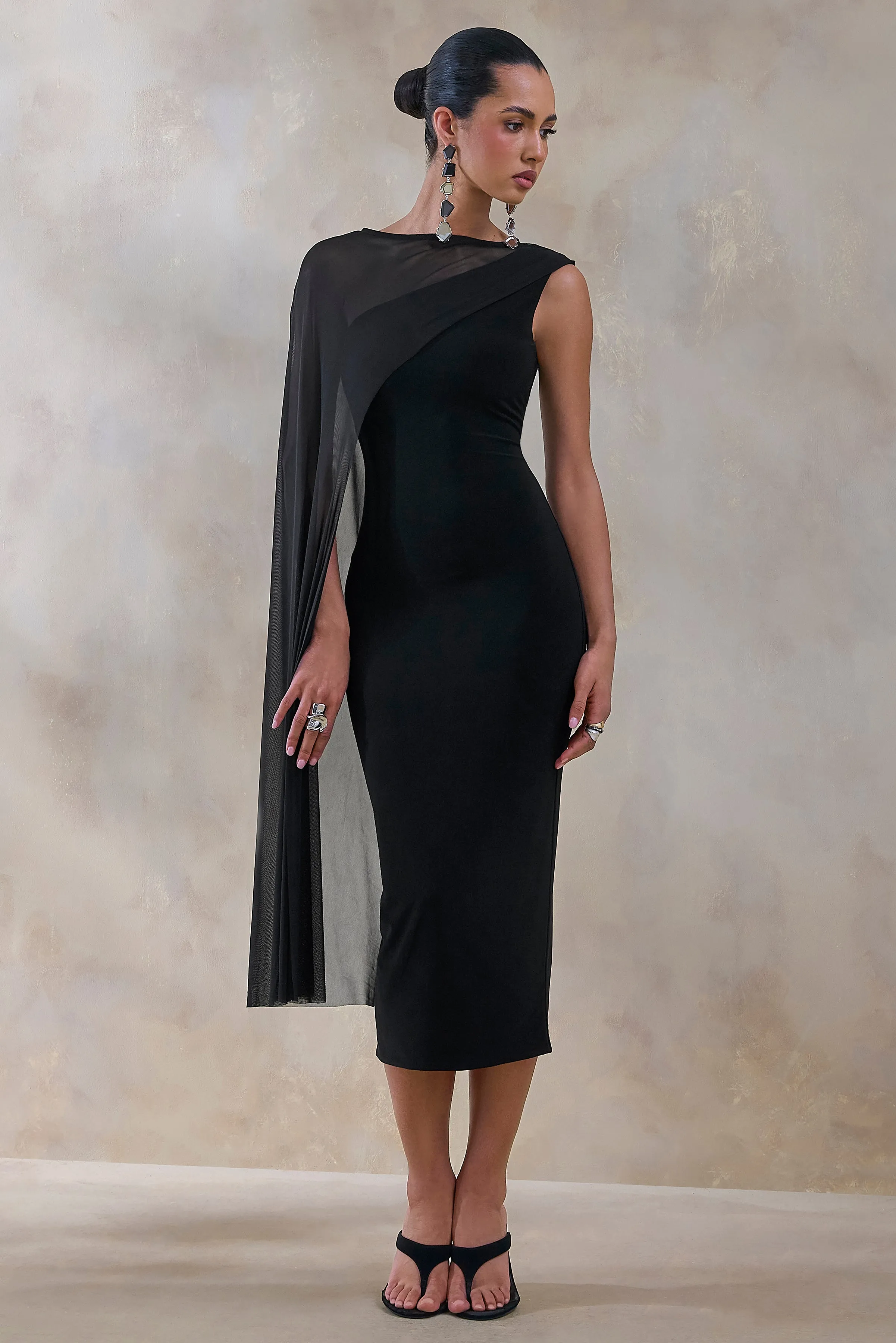 Caloria | Black Asymmetric-Neck Midi Dress With Mesh-Cape sold by Club L London product image thumbnail 4