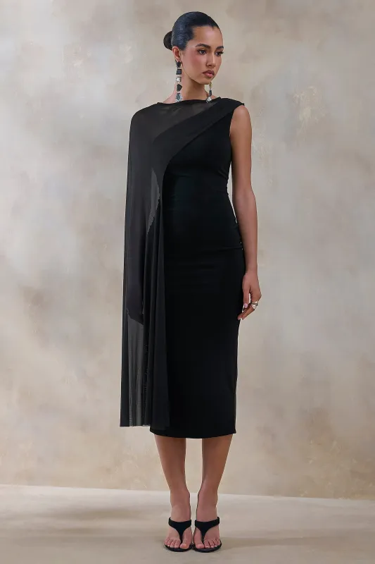Caloria | Black Asymmetric-Neck Midi Dress With Mesh-Cape made by Club L London