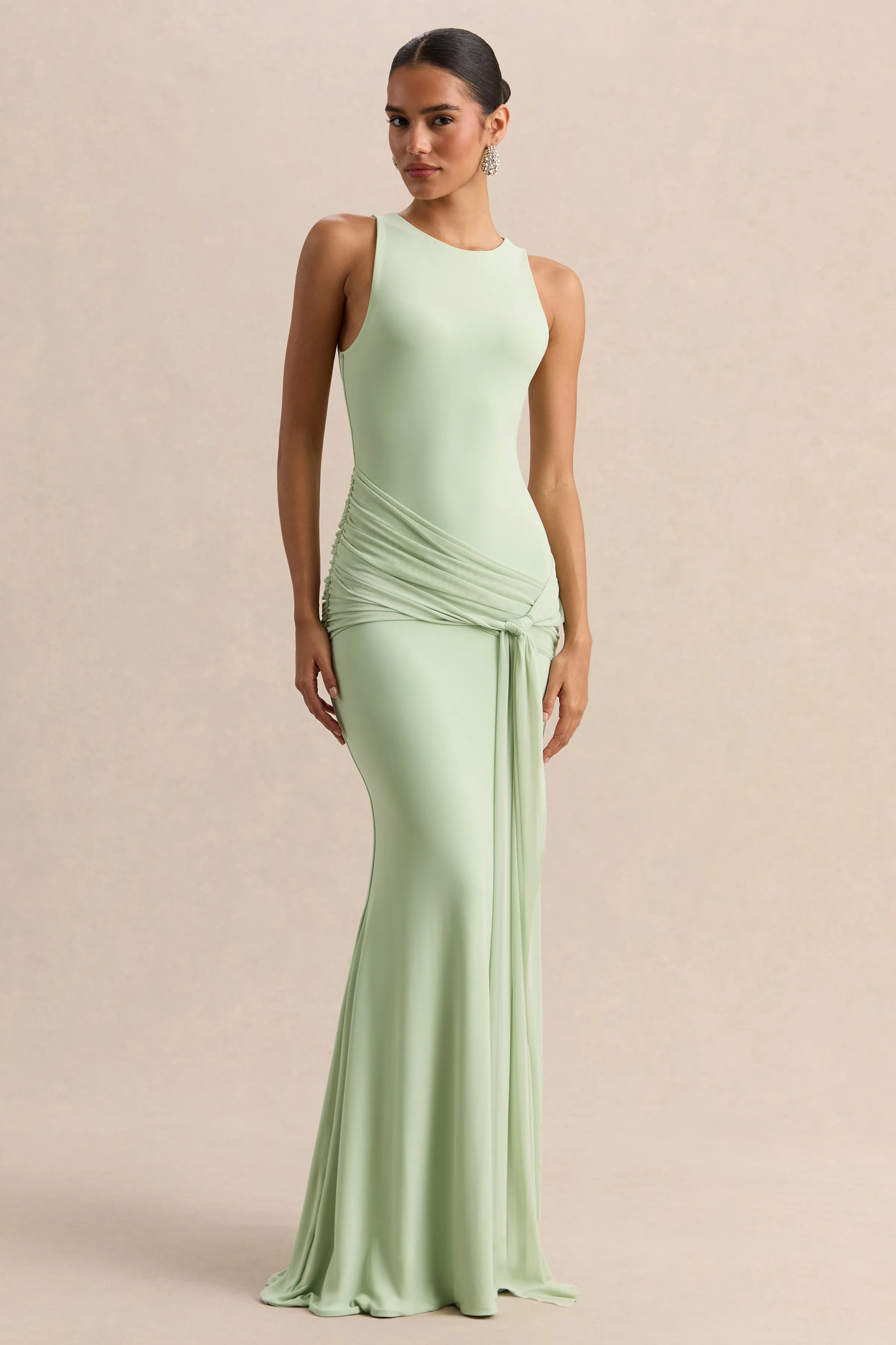Mirene | Mint Round-Neck Maxi-Dress With Gathered-Detailing And Sash sold by Club L London product image thumbnail 4