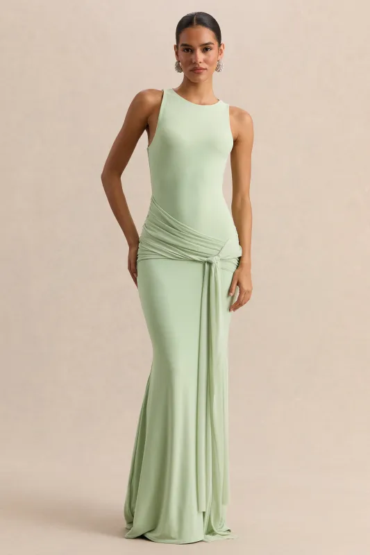 Mirene | Mint Round-Neck Maxi-Dress With Gathered-Detailing And Sash sold by Club L London
