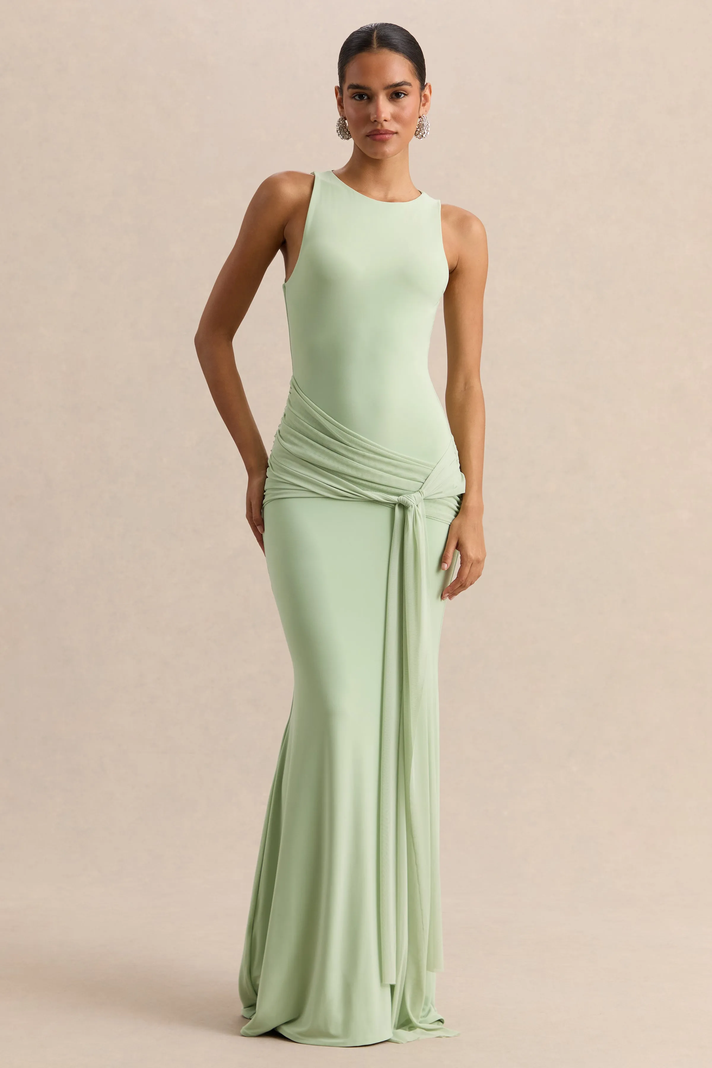 Mirene | Mint Round-Neck Maxi-Dress With Gathered-Detailing And Sash sold by Club L London