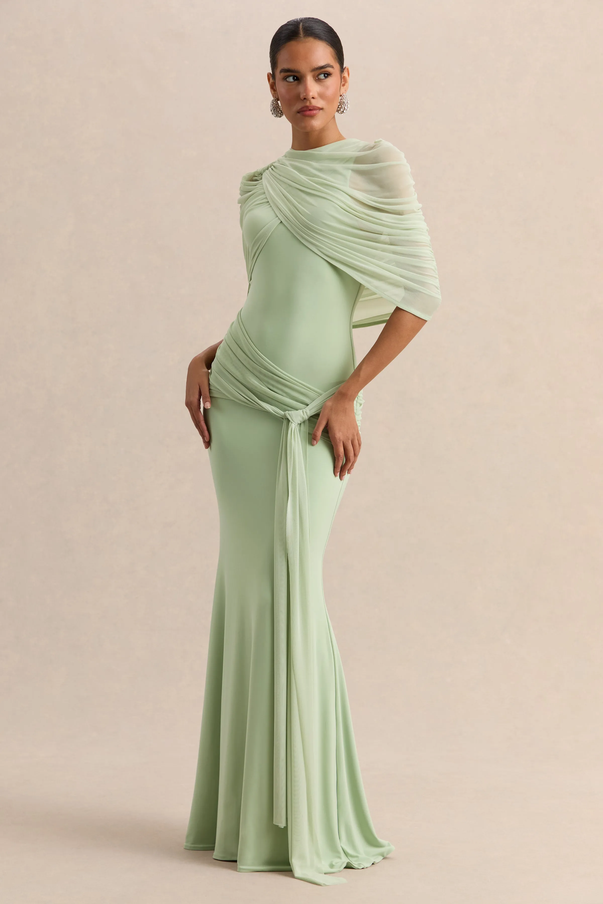 Mirene | Mint Round-Neck Maxi-Dress With Gathered-Detailing And Sash sold by Club L London product image thumbnail 5