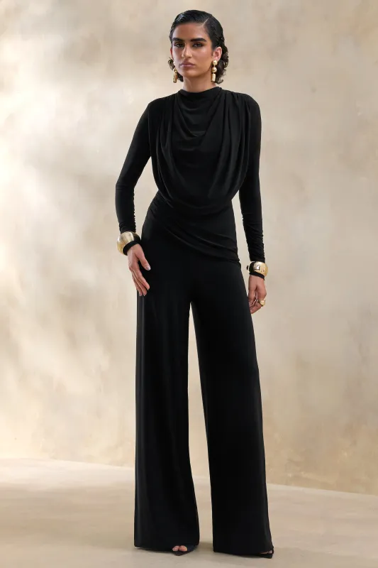 Raniella | Black High-Neck Top With Gathered And Draped-Detailing made by Club L London
