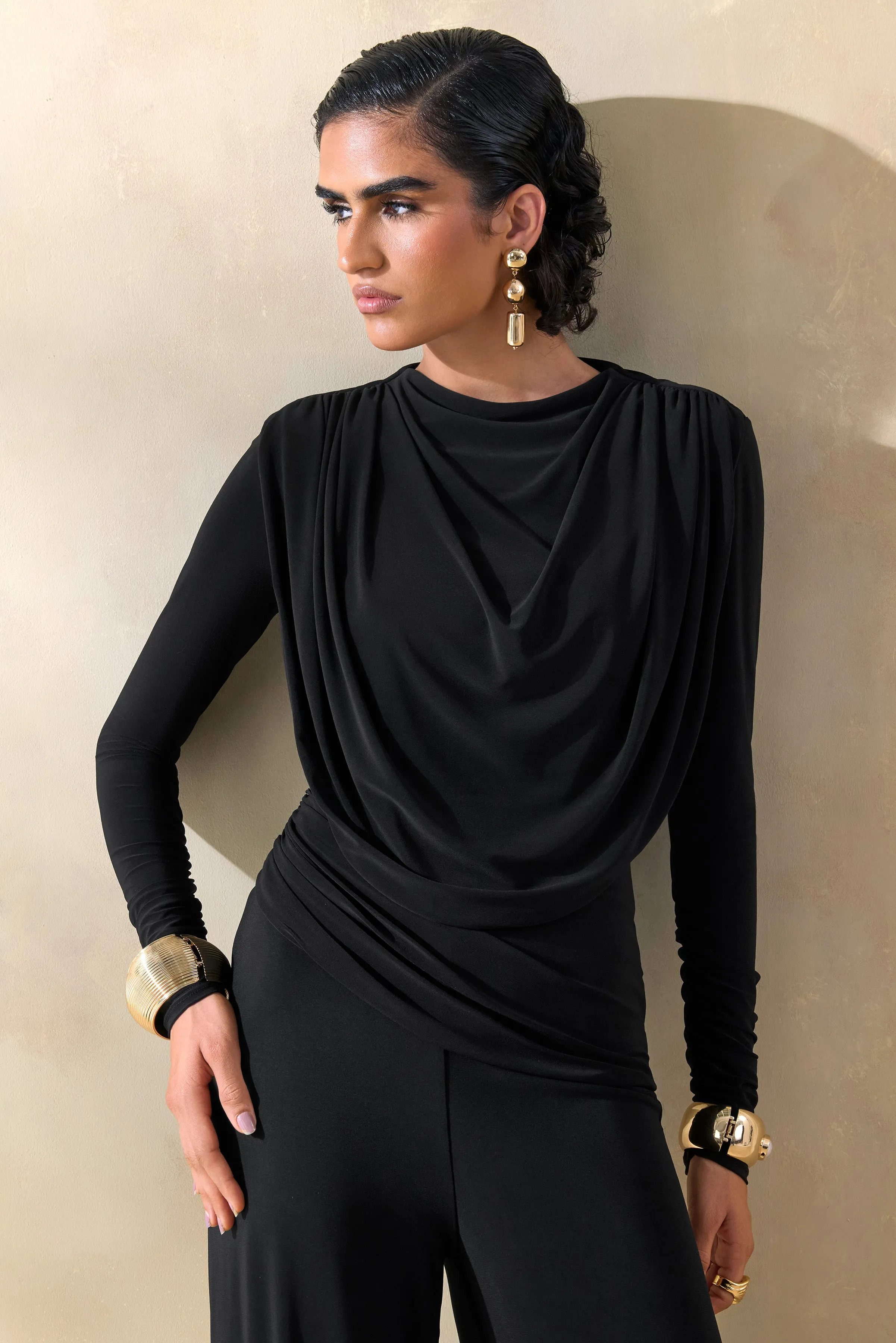 Raniella | Black High-Neck Top With Gathered And Draped-Detailing sold by Club L London product image thumbnail 3