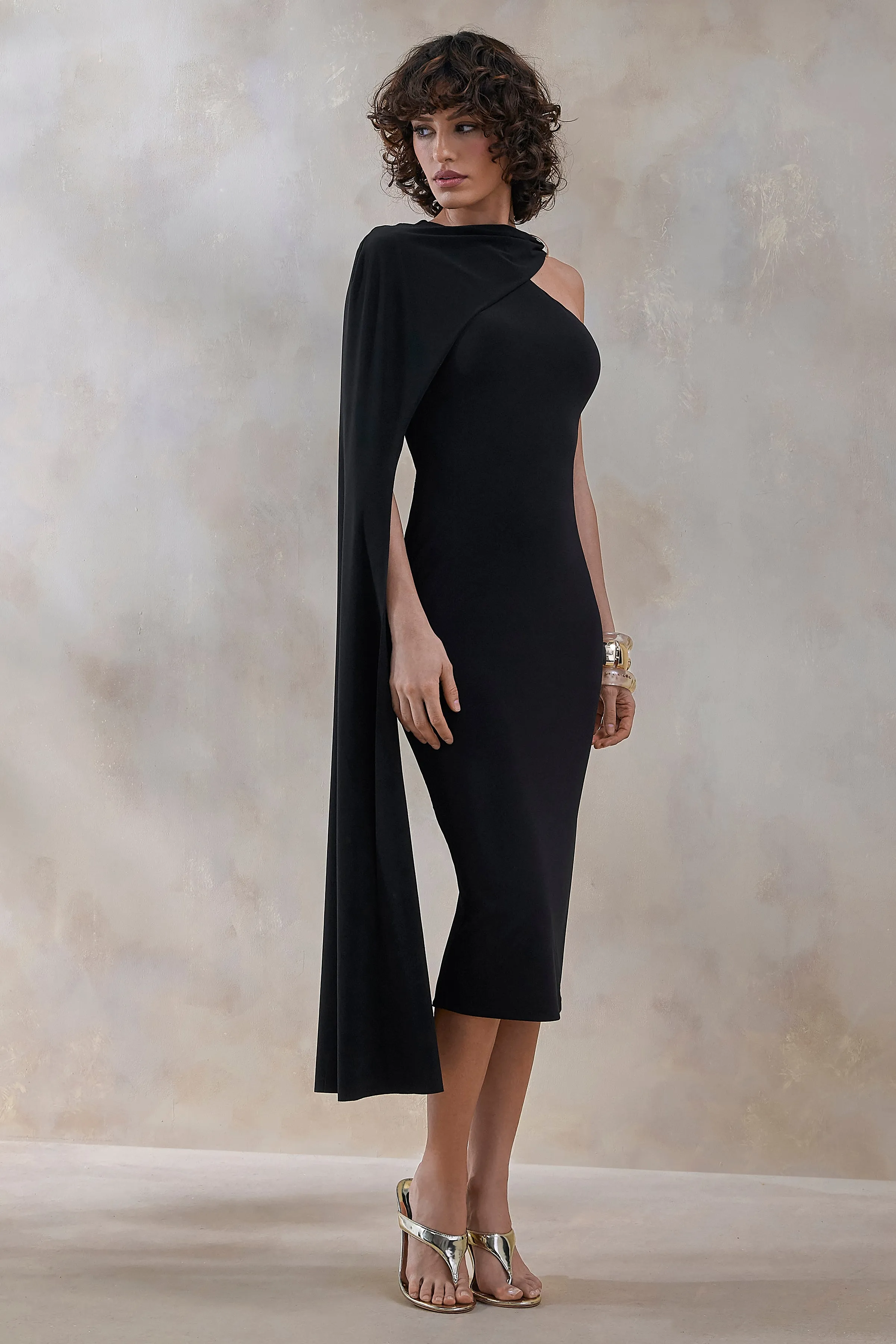 Misoria | Black High-Neck Midi-Dress With Cape-Sleeve sold by Club L London product image thumbnail 4