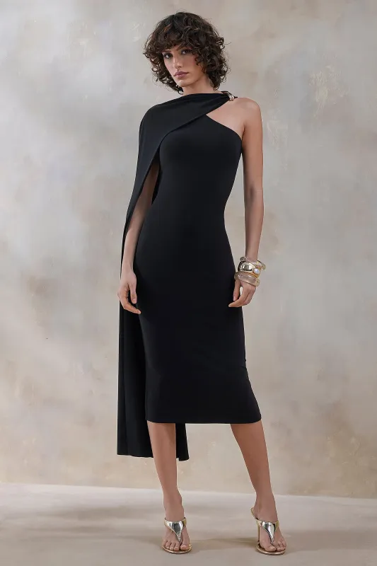 Misoria | Black High-Neck Midi-Dress With Cape-Sleeve sold by Club L London