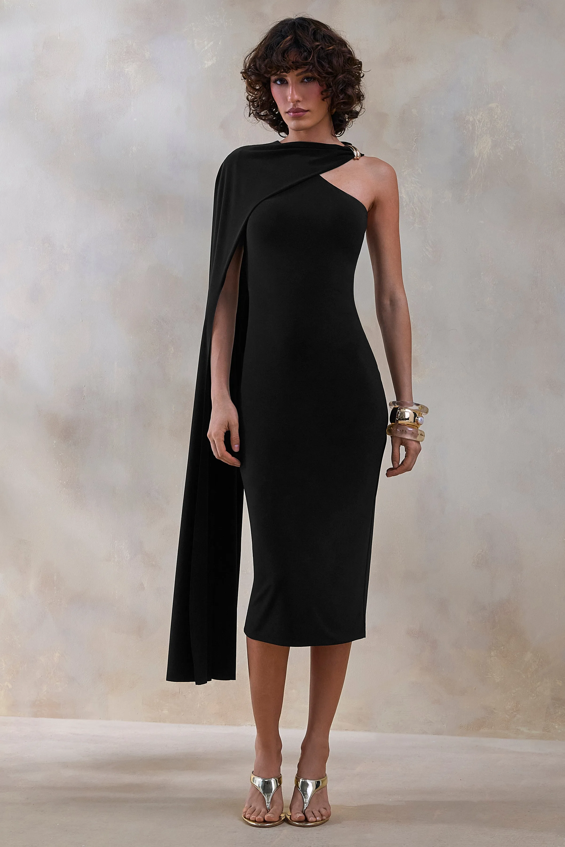 Misoria | Black High-Neck Midi-Dress With Cape-Sleeve sold by Club L London product image thumbnail 5