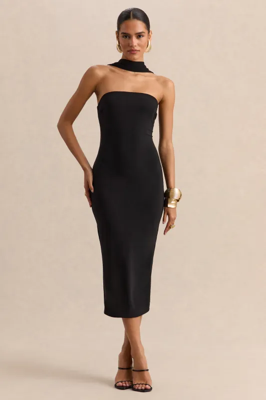 Amariah | Black Bandeau Midi Dress With Scarf-Detail sold by Club L London