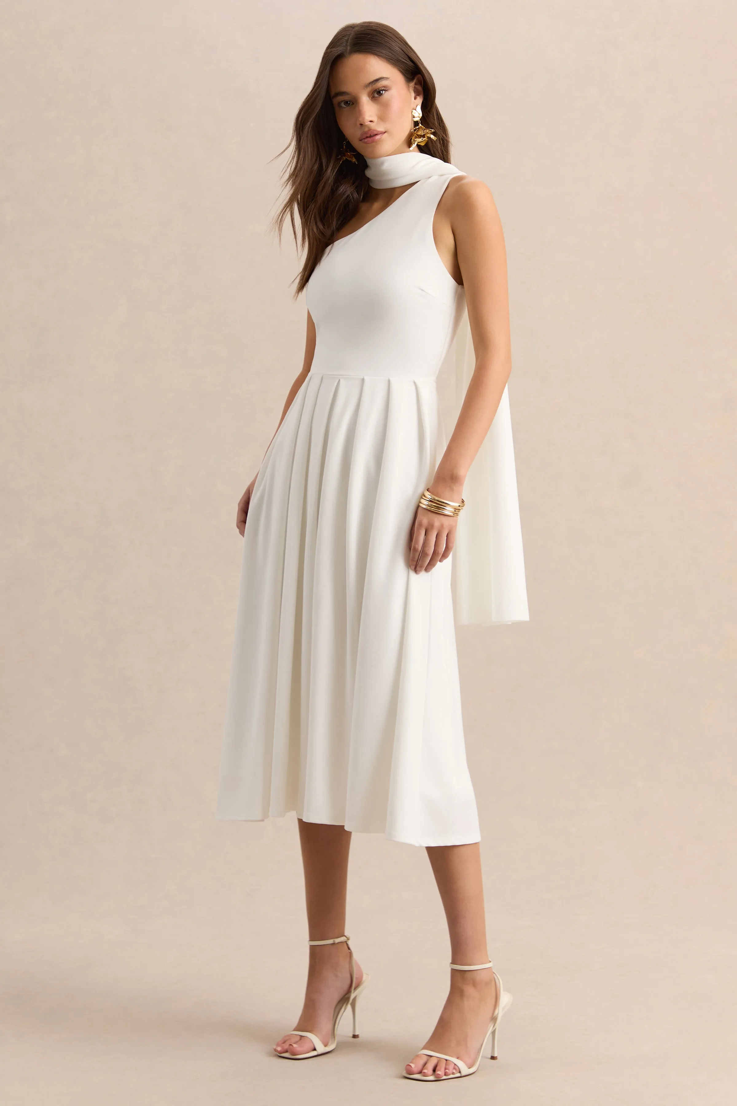 Odette | White Asymmetric-Neck Midi Dress With Scarf sold by Club L London product image thumbnail 5