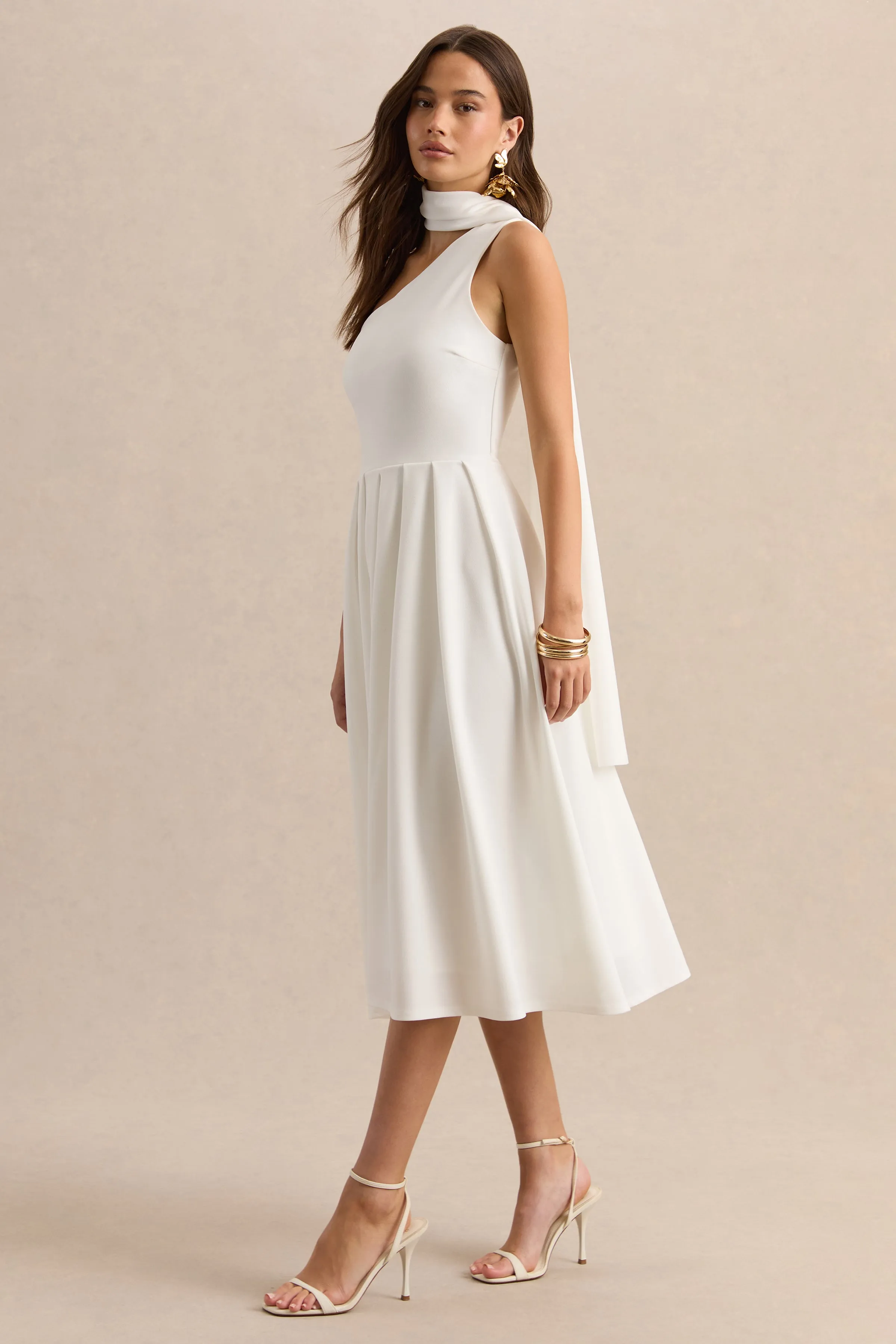 Odette | White Asymmetric-Neck Midi Dress With Scarf sold by Club L London product image thumbnail 4