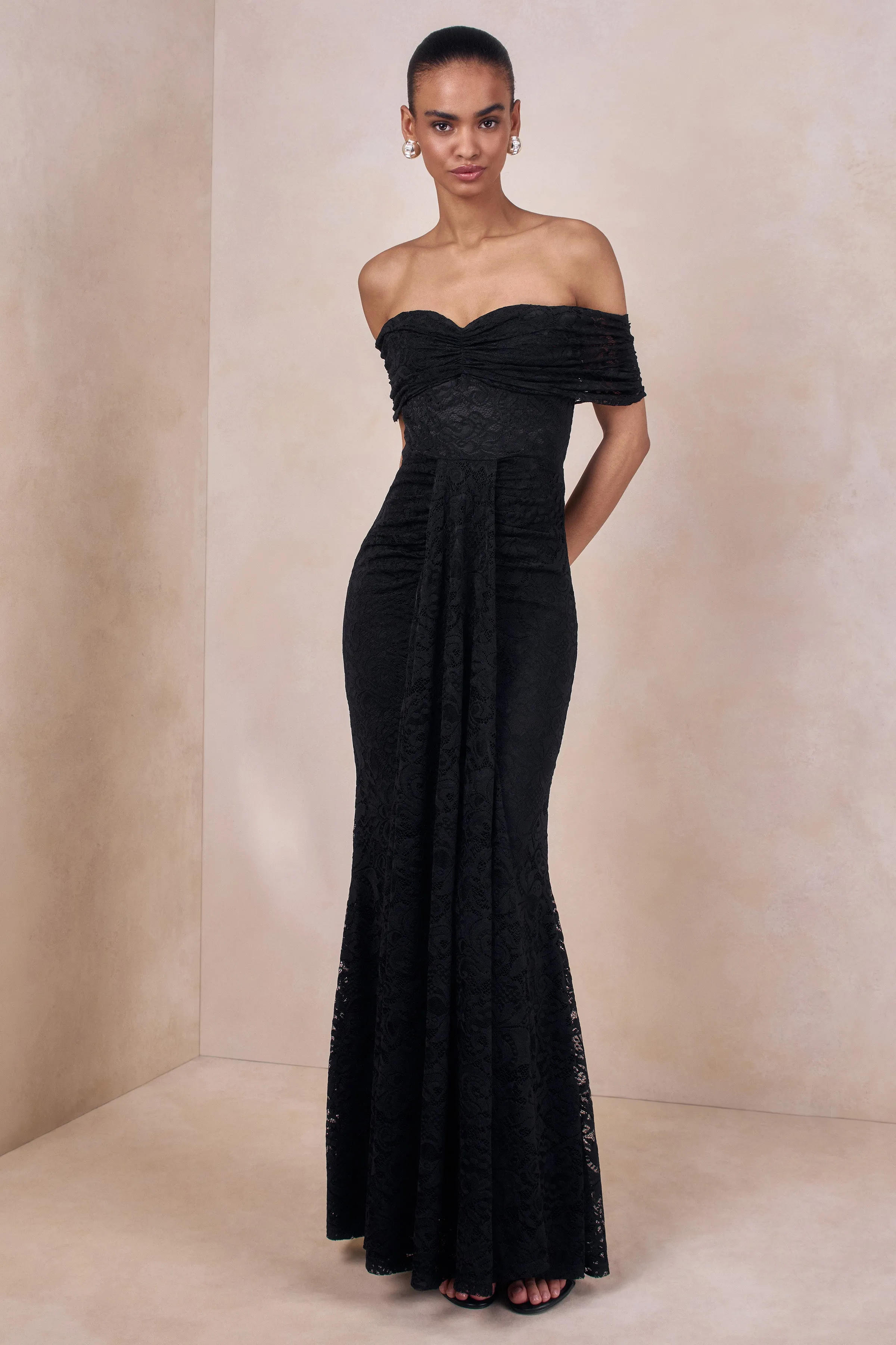 Aries | Black Lace Bardot-Neck Maxi Dress With Gathered Detailing sold by Club L London product image thumbnail 5
