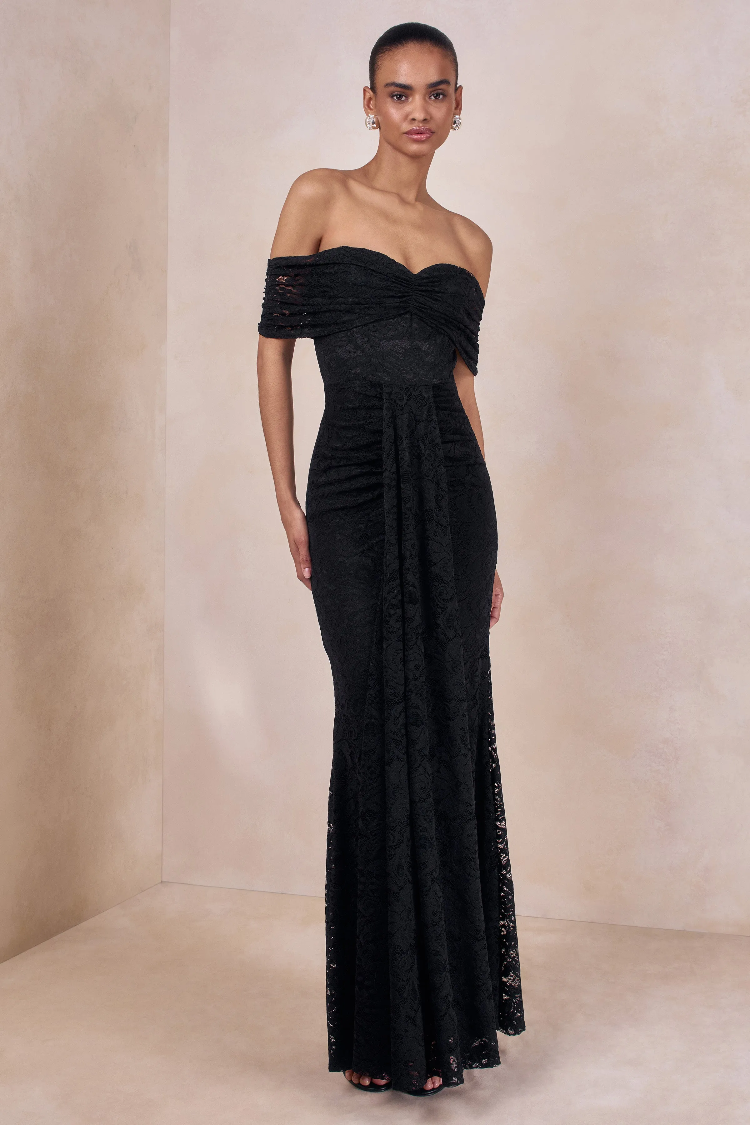 Aries | Black Lace Bardot-Neck Maxi Dress With Gathered Detailing sold by Club L London product image thumbnail 4