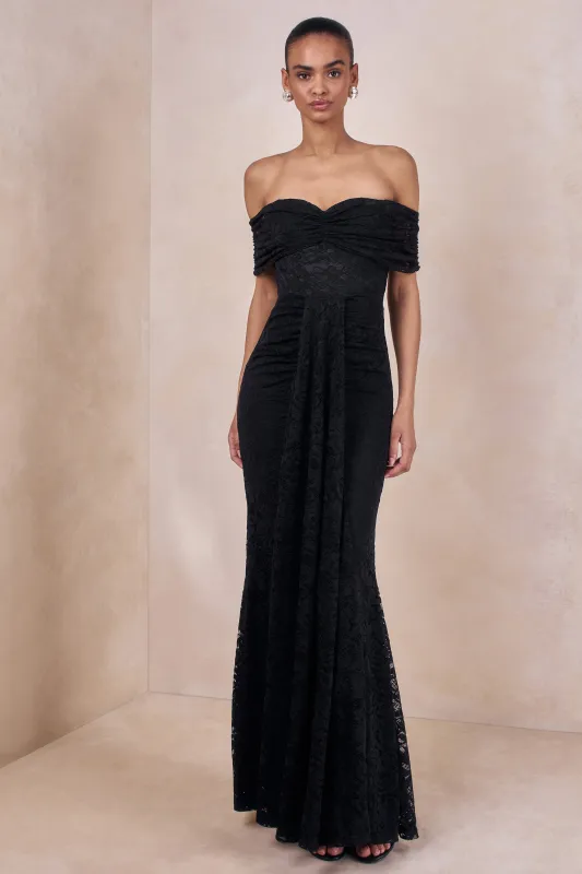 Aries | Black Lace Bardot-Neck Maxi Dress With Gathered Detailing sold by Club L London