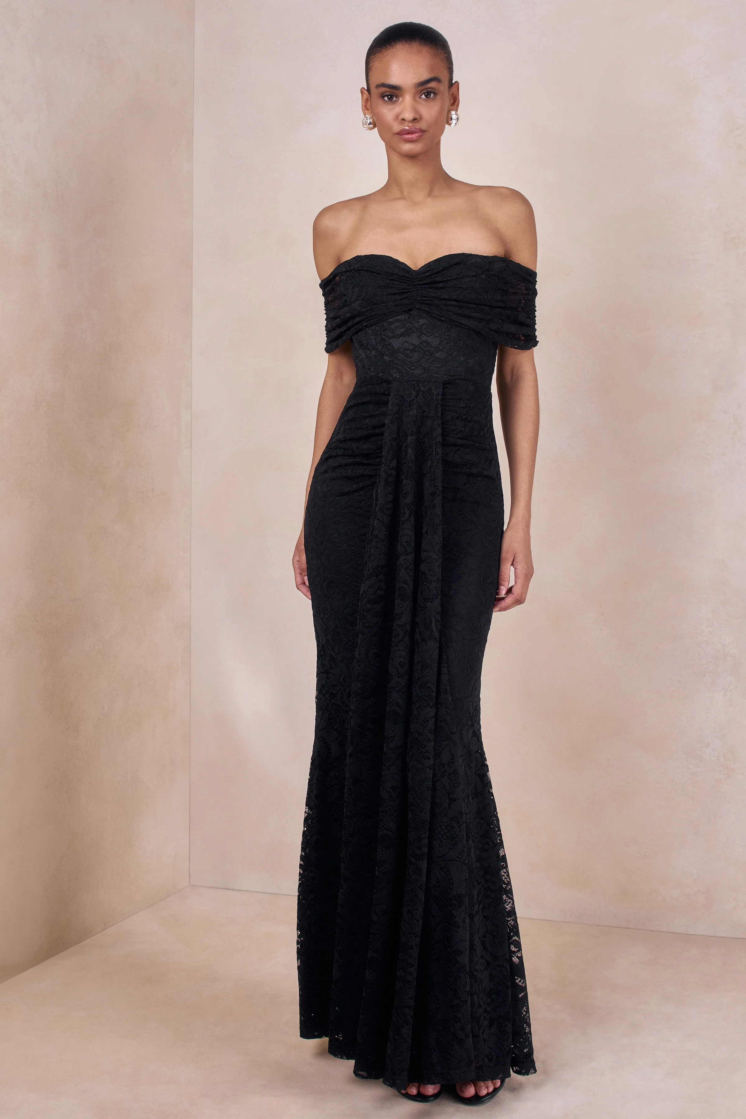 Aries | Black Lace Bardot-Neck Maxi Dress With Gathered Detailing sold by Club L London