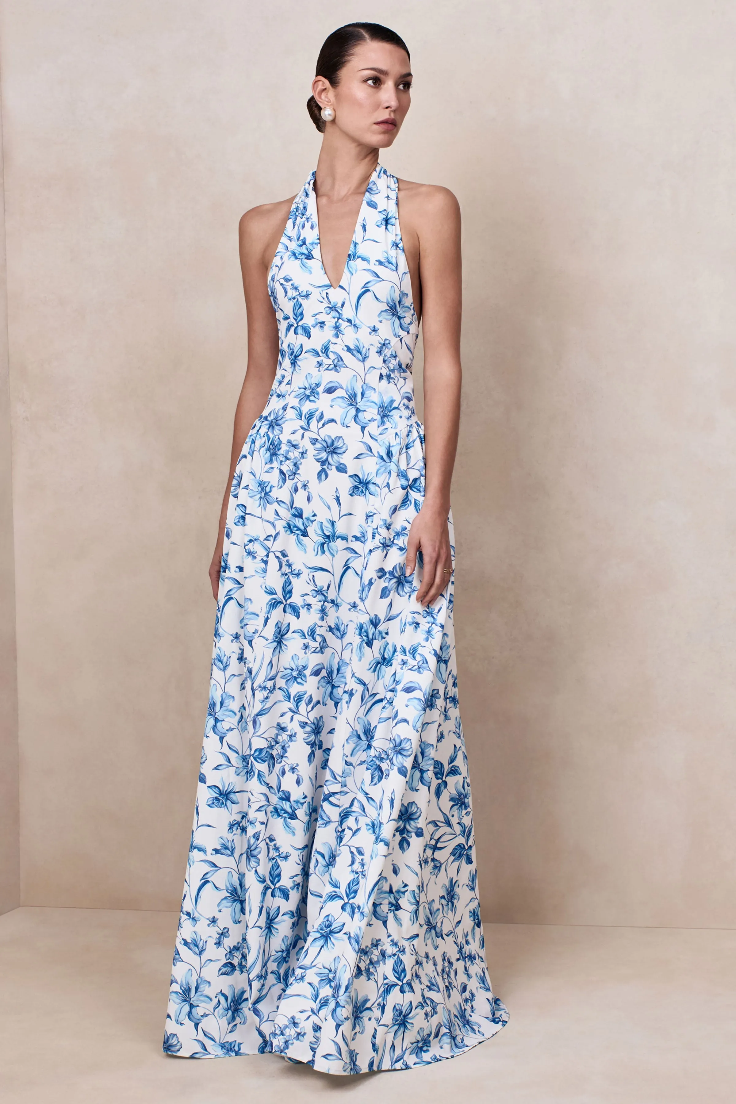 Liana | Blue Porcelain Print Halter-Neck Maxi Dress sold by Club L London
