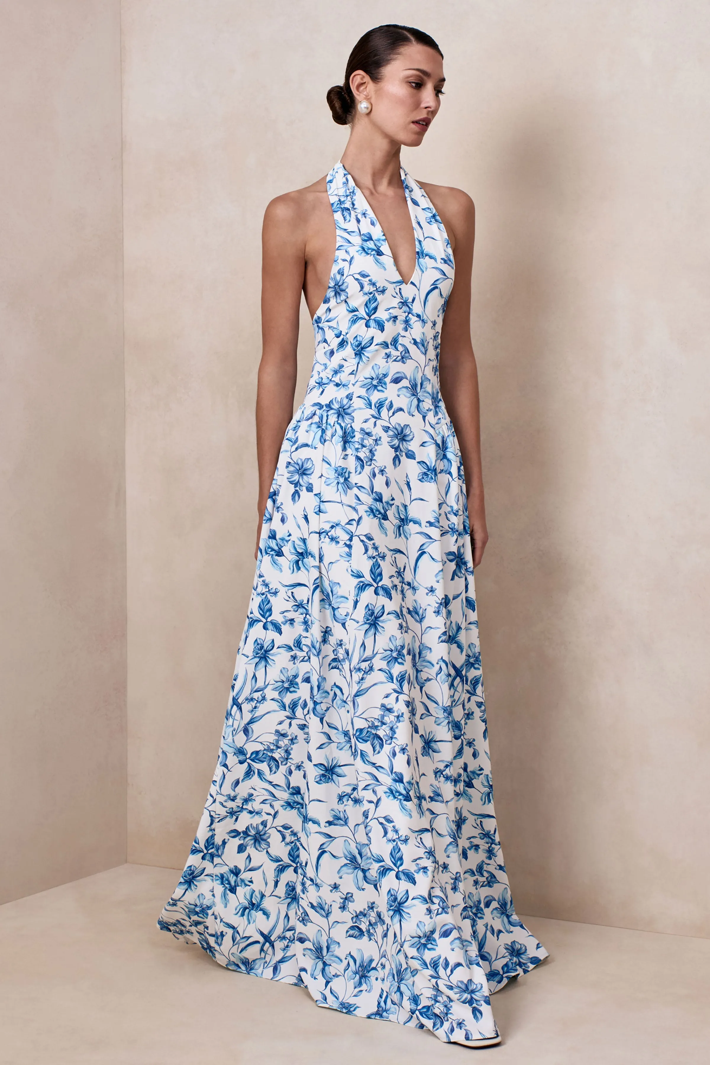 Liana | Blue Porcelain Print Halter-Neck Maxi Dress sold by Club L London product image thumbnail 5