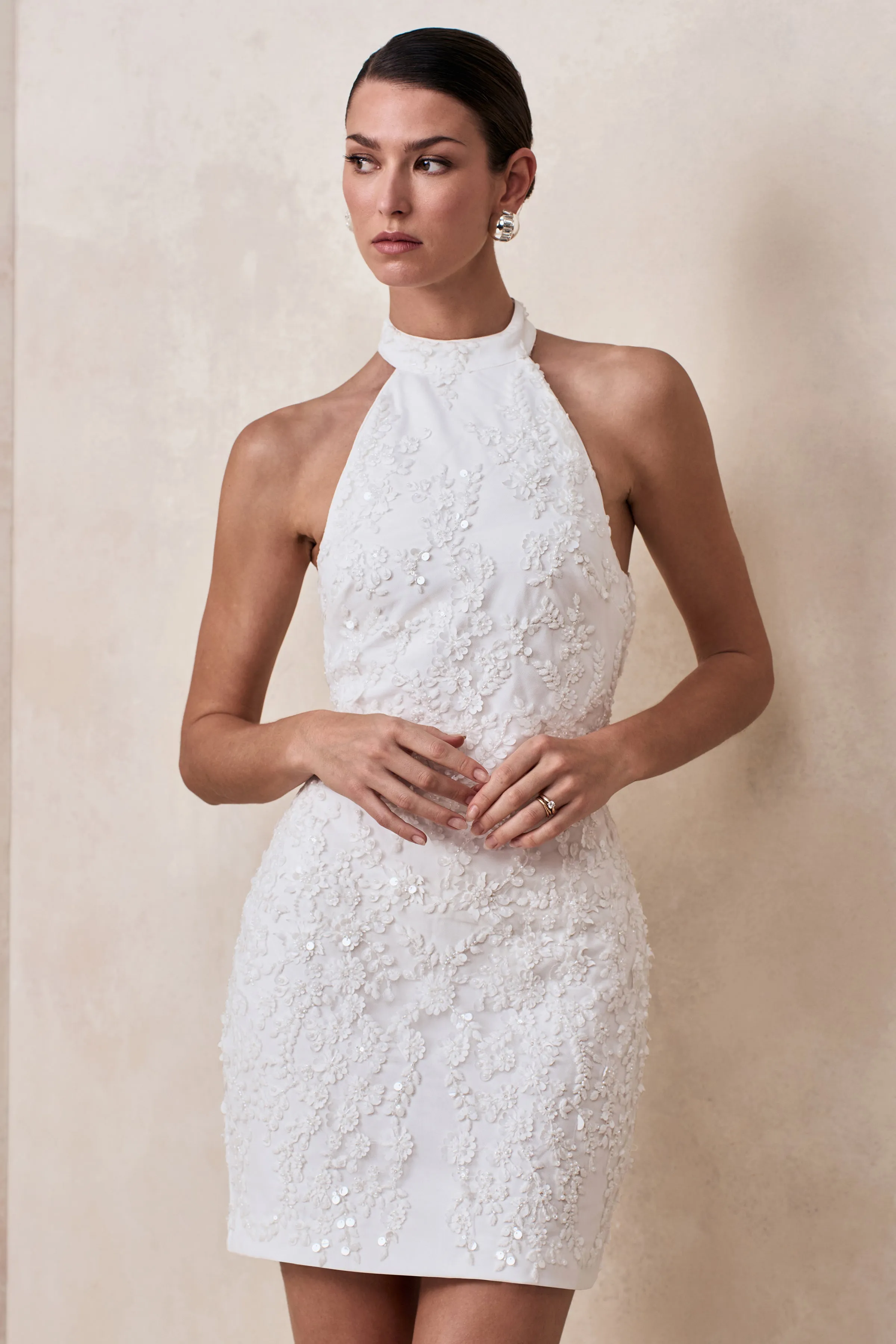 Penelope | White Embellished High Neck Mini Dress sold by Club L London product image thumbnail 3