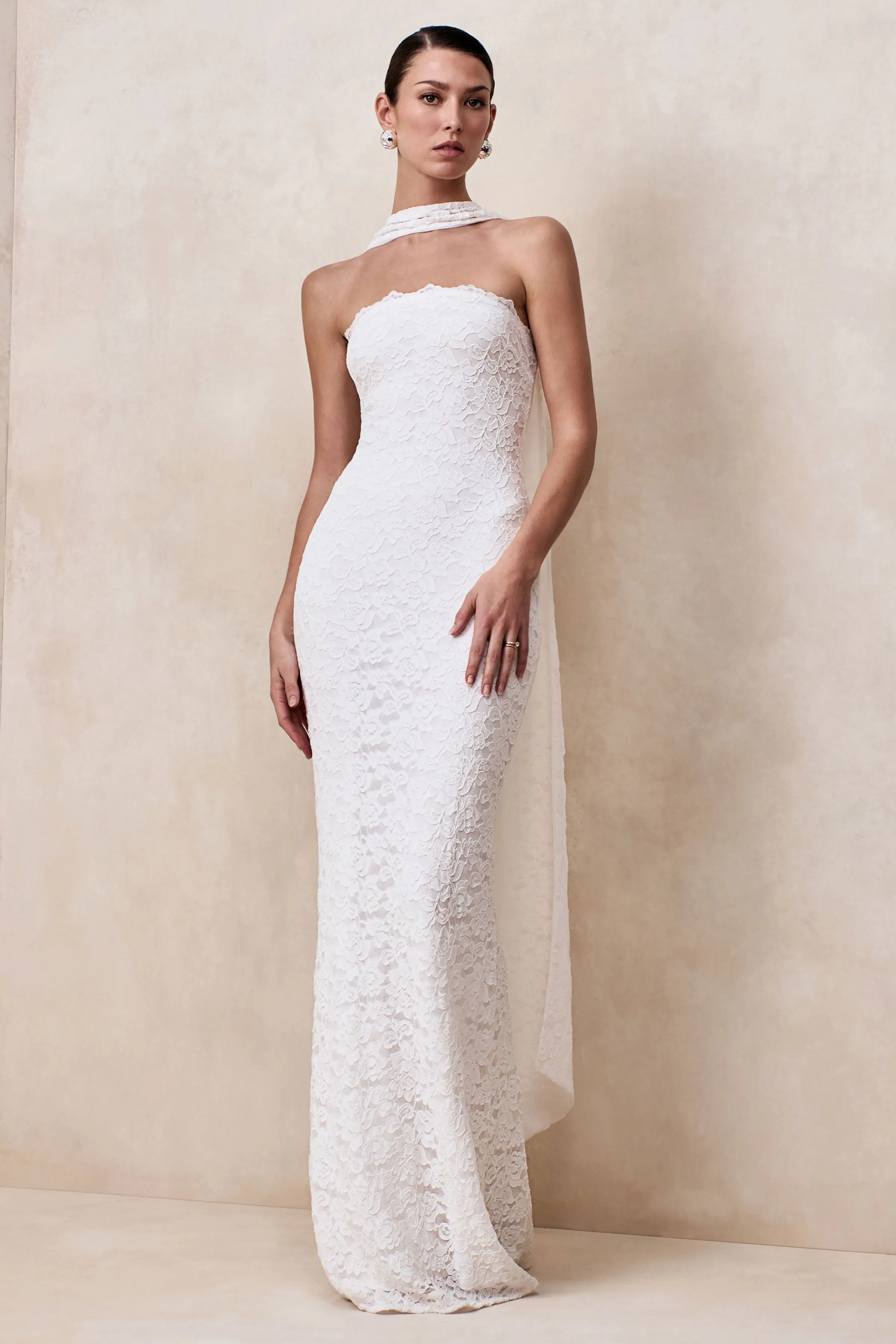 Massima | White Lace Bandeau Maxi Dress With Scarf-Detail sold by Club L London