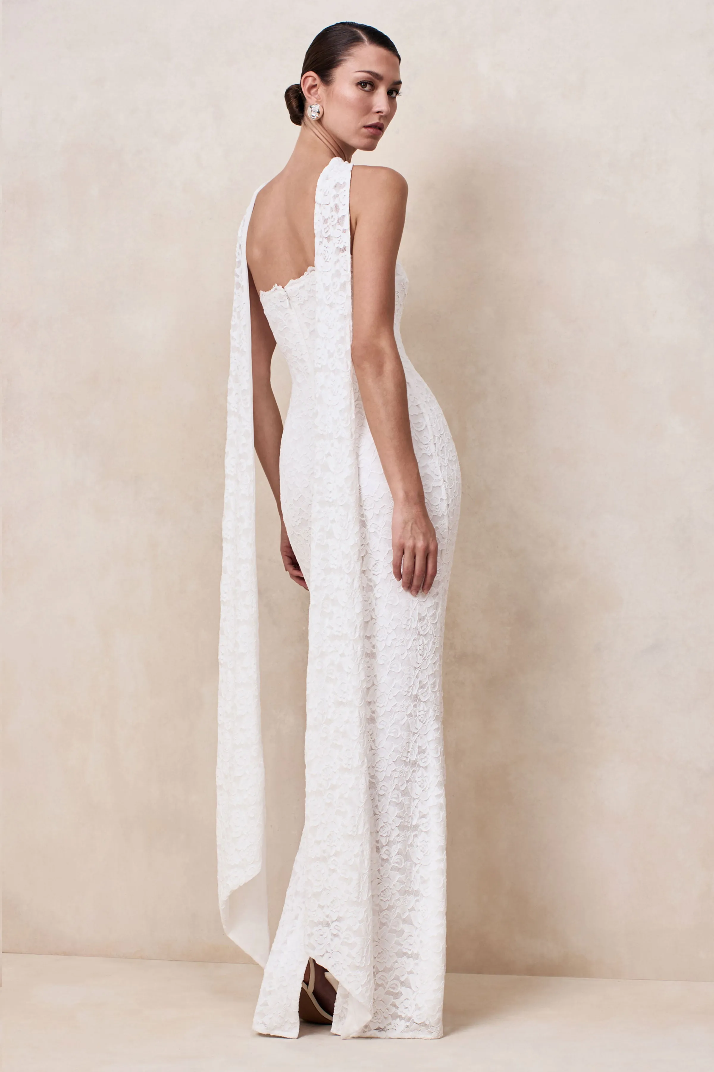 Massima | White Lace Bandeau Maxi Dress With Scarf-Detail sold by Club L London product image thumbnail 2