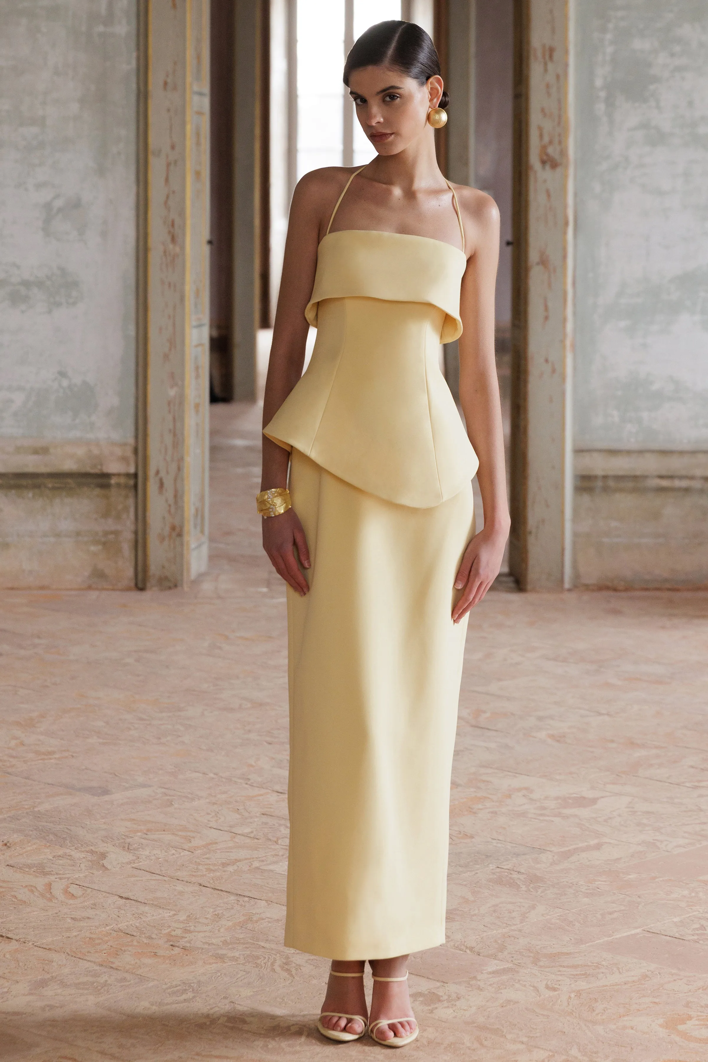 Fran | Lemon Square-Neck Corset Maxi Dress sold by Club L London
