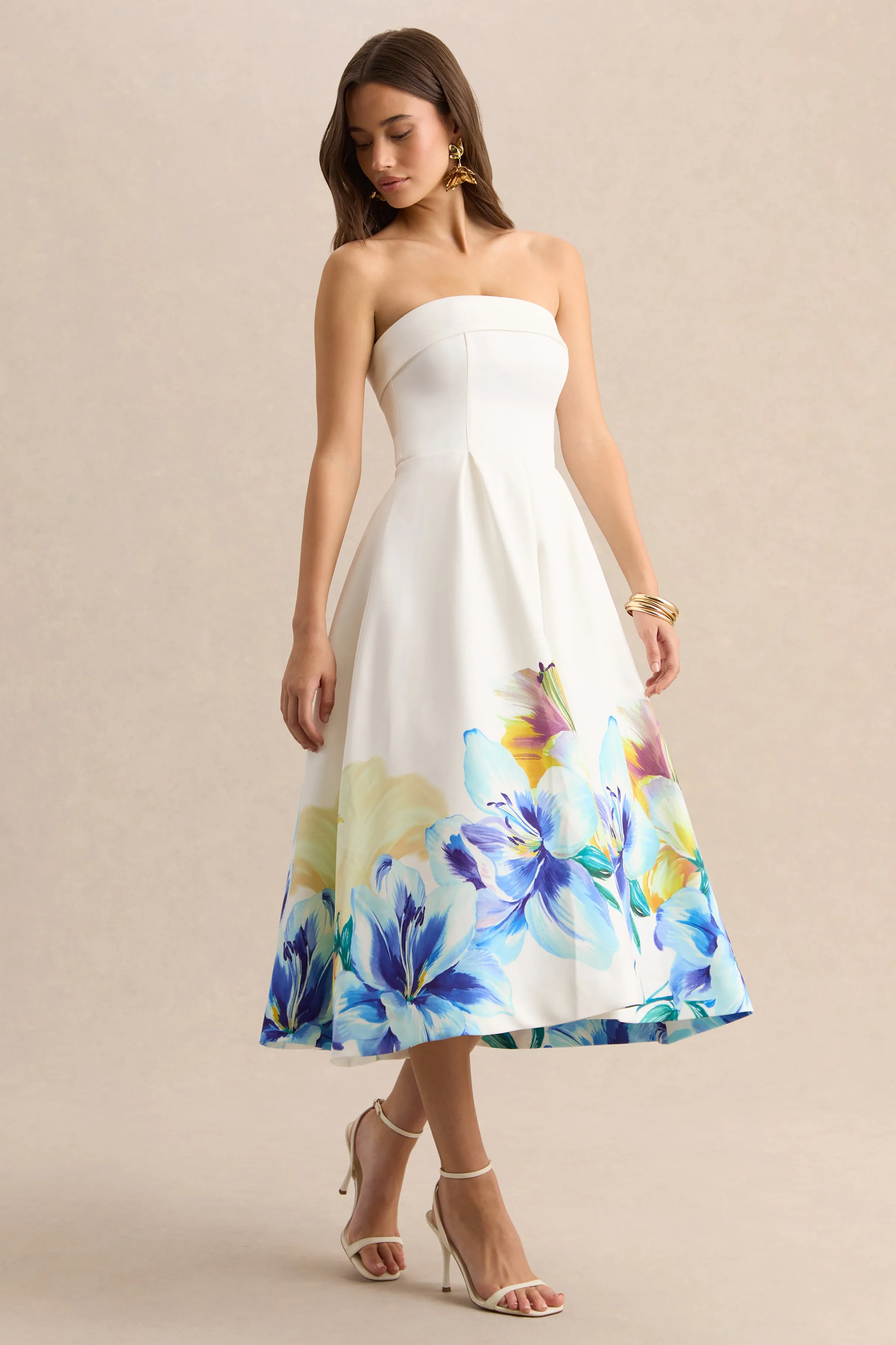 Annalise | Blue And Yellow Floral Border Print Bandeau Skater Midi Dress sold by Club L London product image thumbnail 4