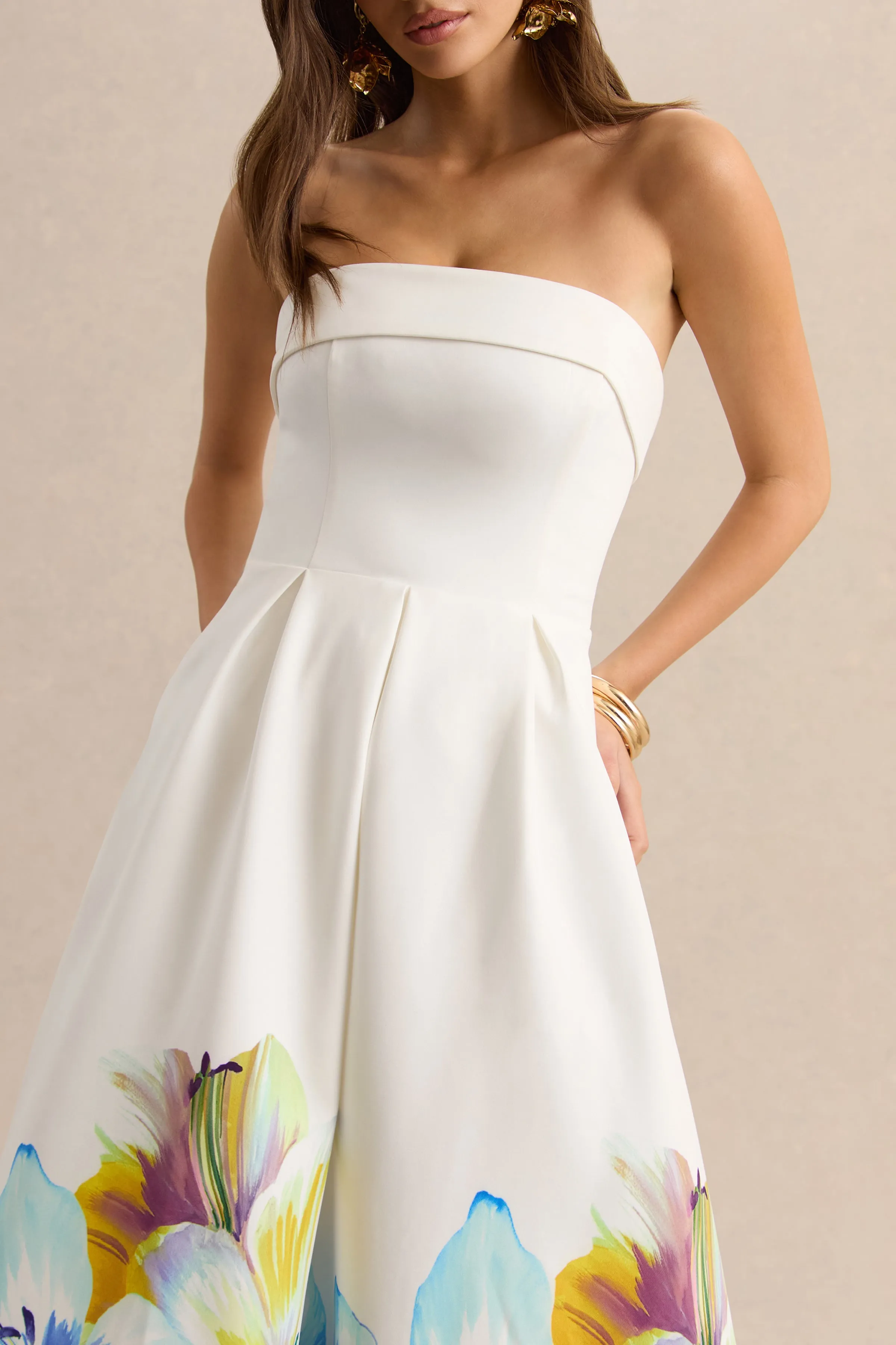 Annalise | Blue And Yellow Floral Border Print Bandeau Skater Midi Dress sold by Club L London product image thumbnail 3