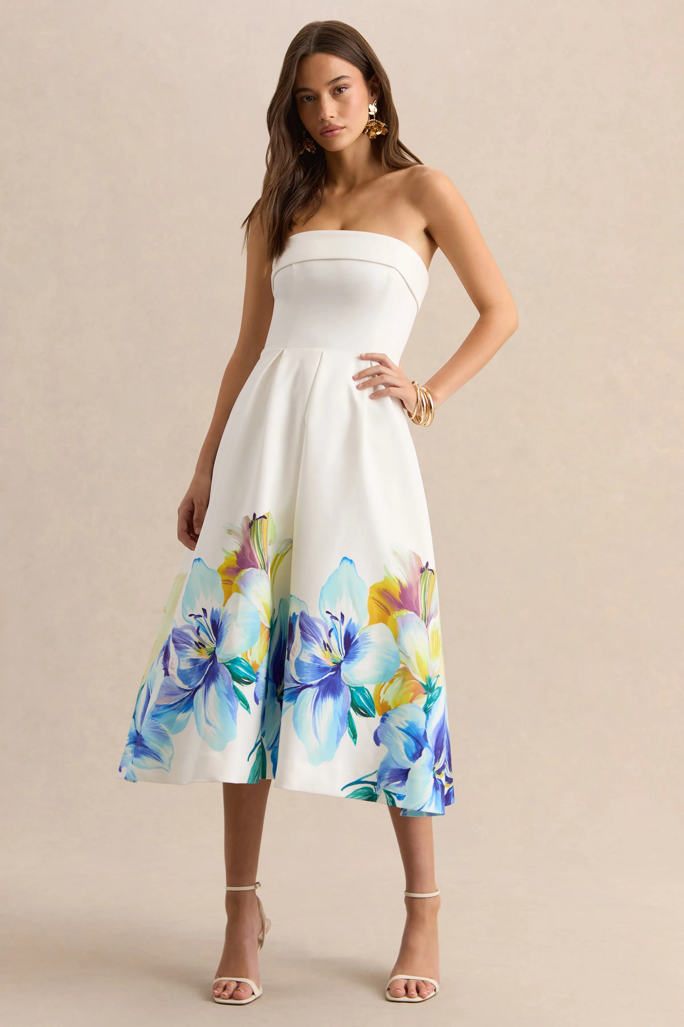 Annalise | Blue And Yellow Floral Border Print Bandeau Skater Midi Dress sold by Club L London product image thumbnail 5
