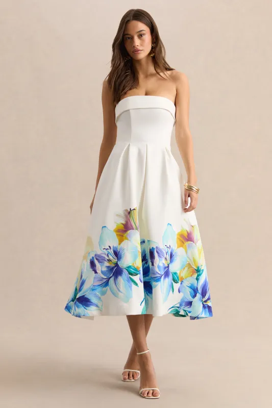 Annalise | Blue And Yellow Floral Border Print Bandeau Skater Midi Dress made by Club L London