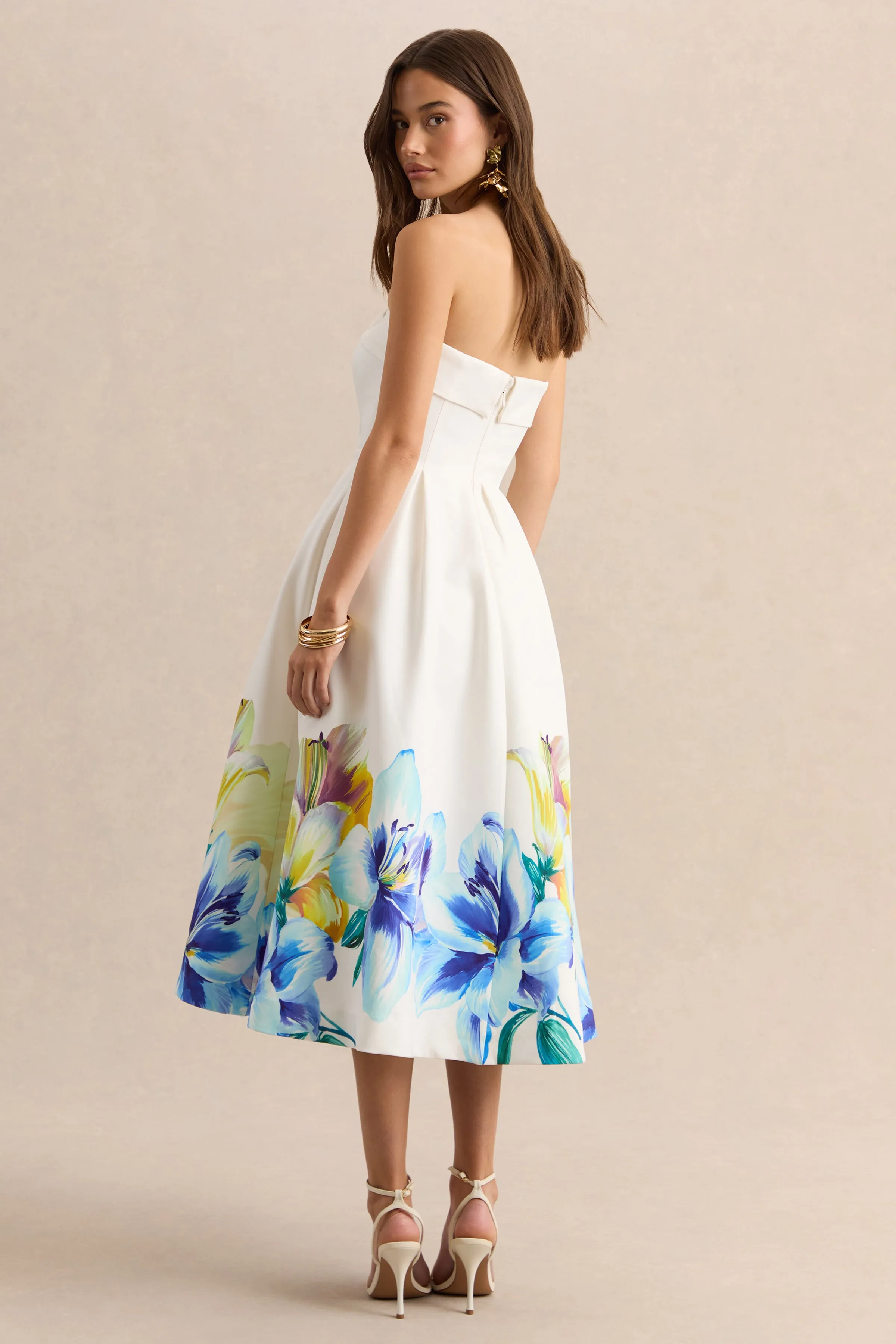 Annalise | Blue And Yellow Floral Border Print Bandeau Skater Midi Dress sold by Club L London product image thumbnail 2