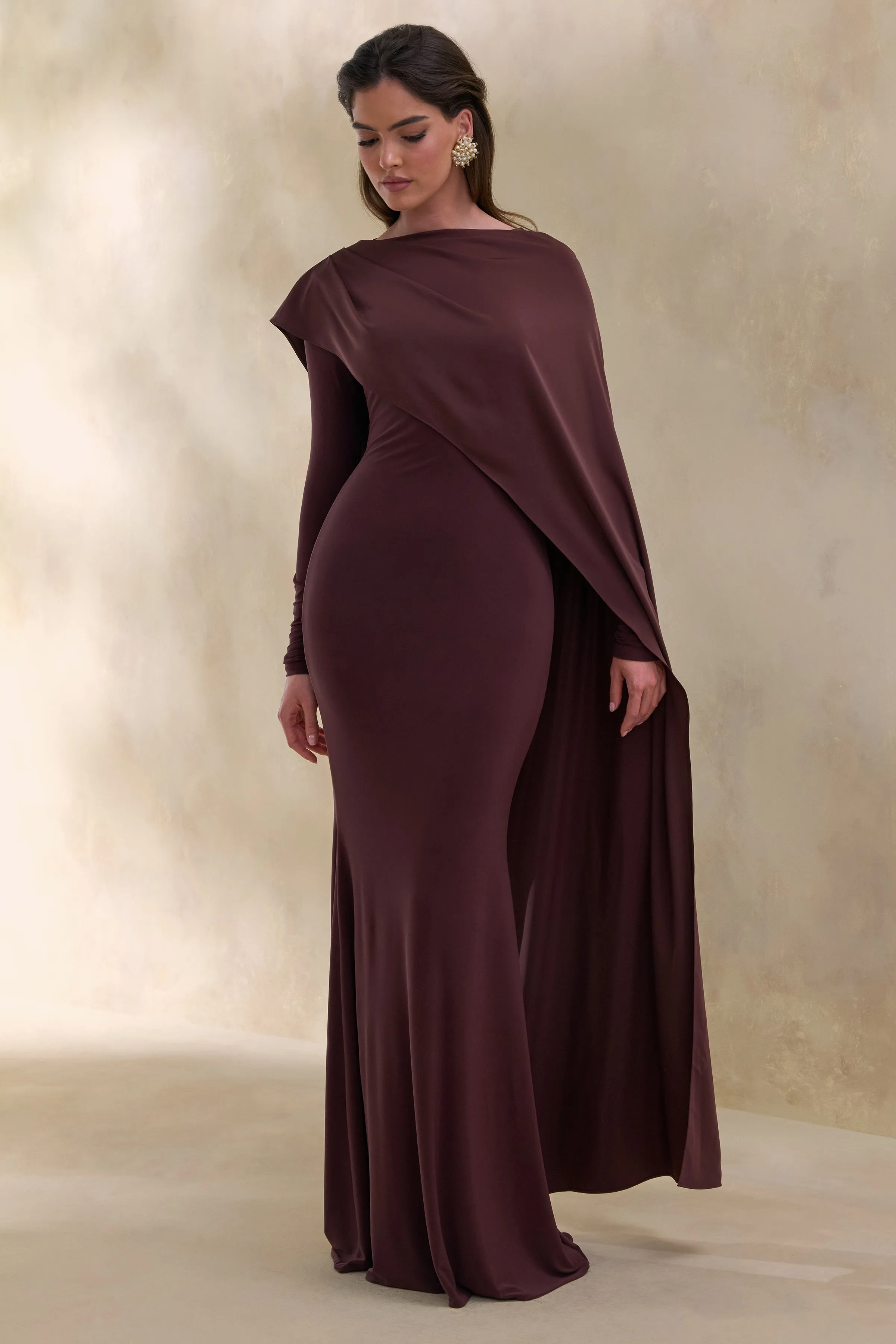 Salenne | Brown Wide-Neck Maxi Dress With Satin Asymmetric-Cape sold by Club L London product image thumbnail 5