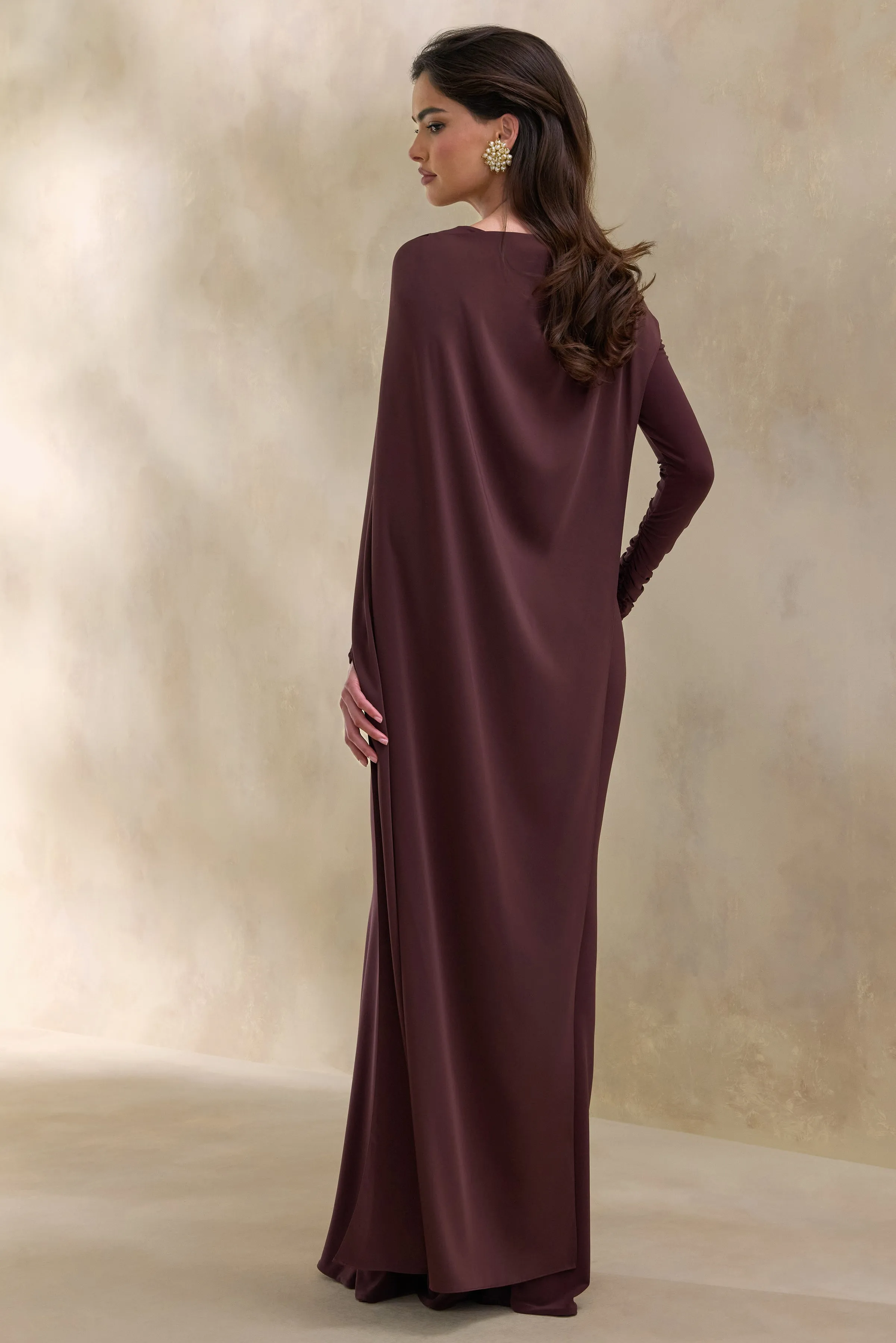 Salenne | Brown Wide-Neck Maxi Dress With Satin Asymmetric-Cape sold by Club L London product image thumbnail 2