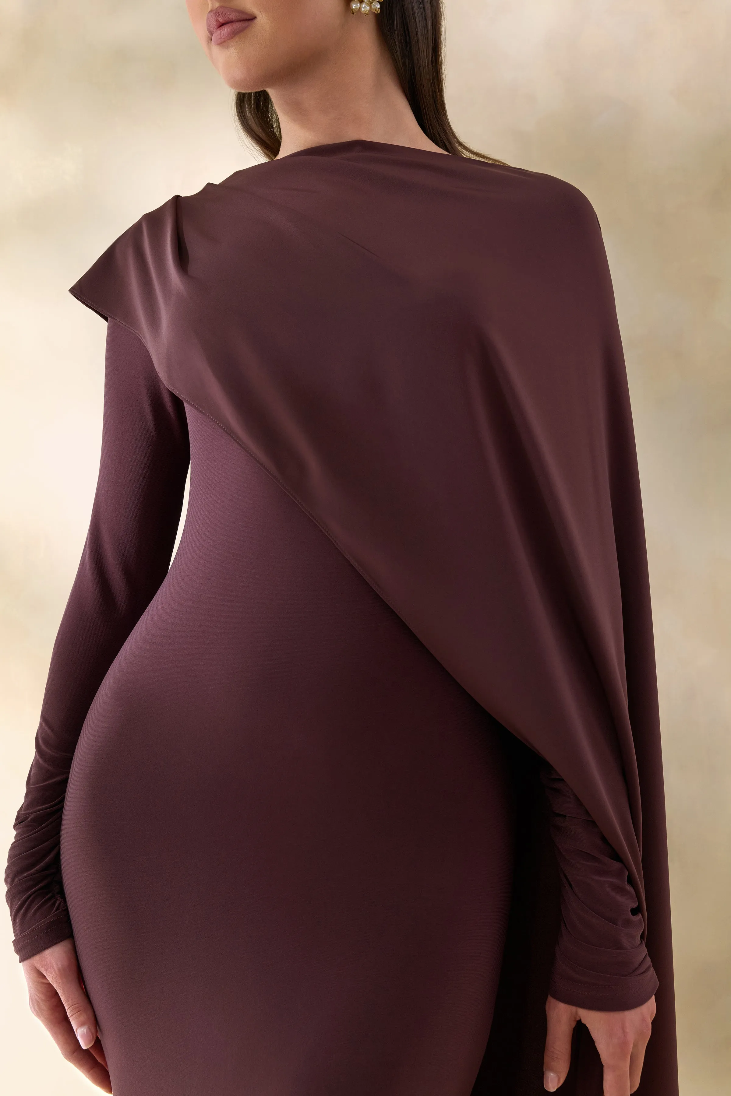 Salenne | Brown Wide-Neck Maxi Dress With Satin Asymmetric-Cape sold by Club L London product image thumbnail 3