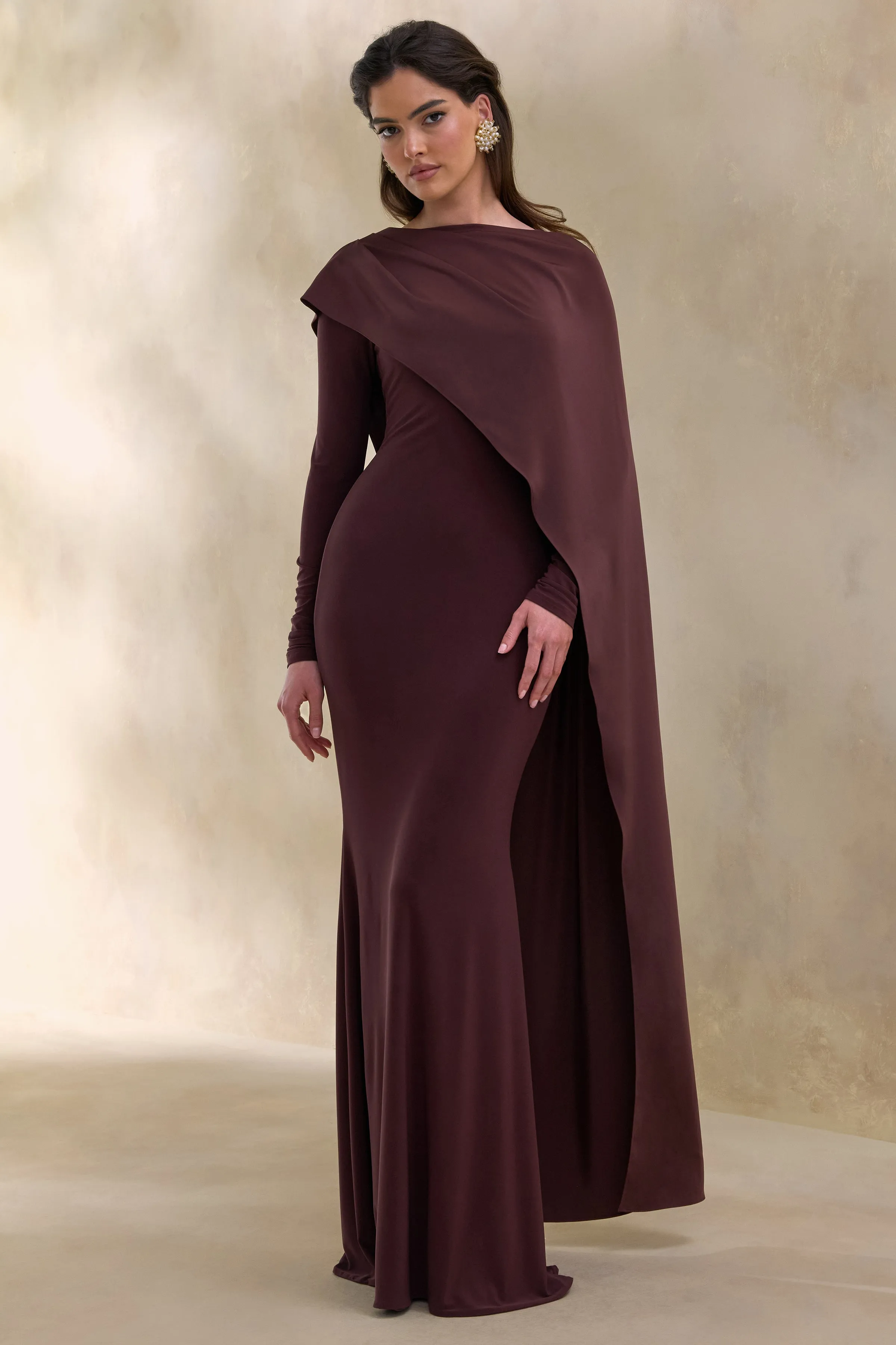 Salenne | Brown Wide-Neck Maxi Dress With Satin Asymmetric-Cape sold by Club L London product image thumbnail 4