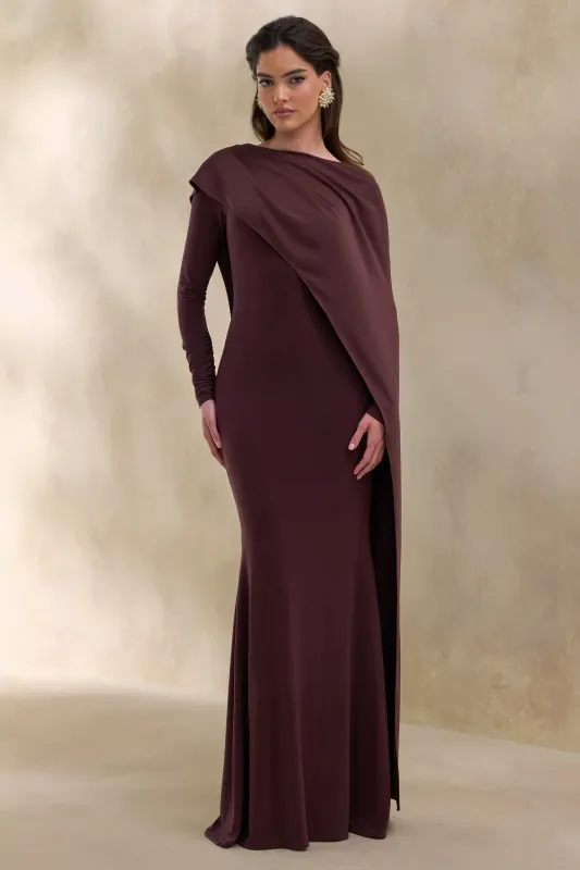 Salenne | Brown Wide-Neck Maxi Dress With Satin Asymmetric-Cape sold by Club L London