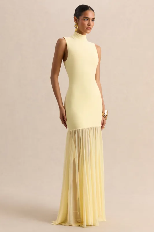 Felina | Lemon High-Neck Maxi Dress With Sheer-Skirt made by Club L London